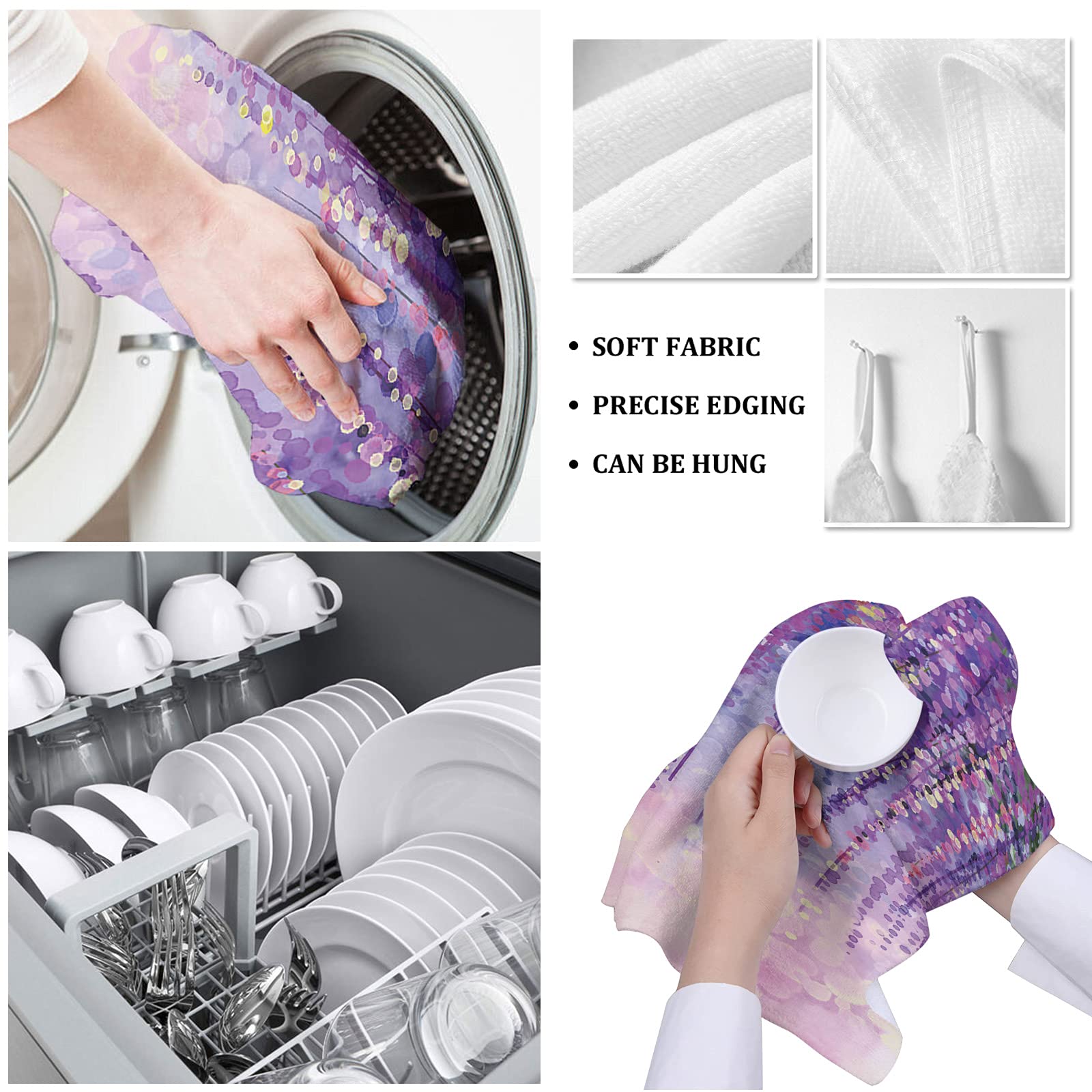 Premium 2-Pack Wisteria Flower Dish Towels Set | Absorbent Soft Cotton Kitchen Towels with Watercolor Floral Art Design | Perfect for Dish Drying, Bar Cleaning & Tea Time (Purple Abstract Fantasy Pattern)