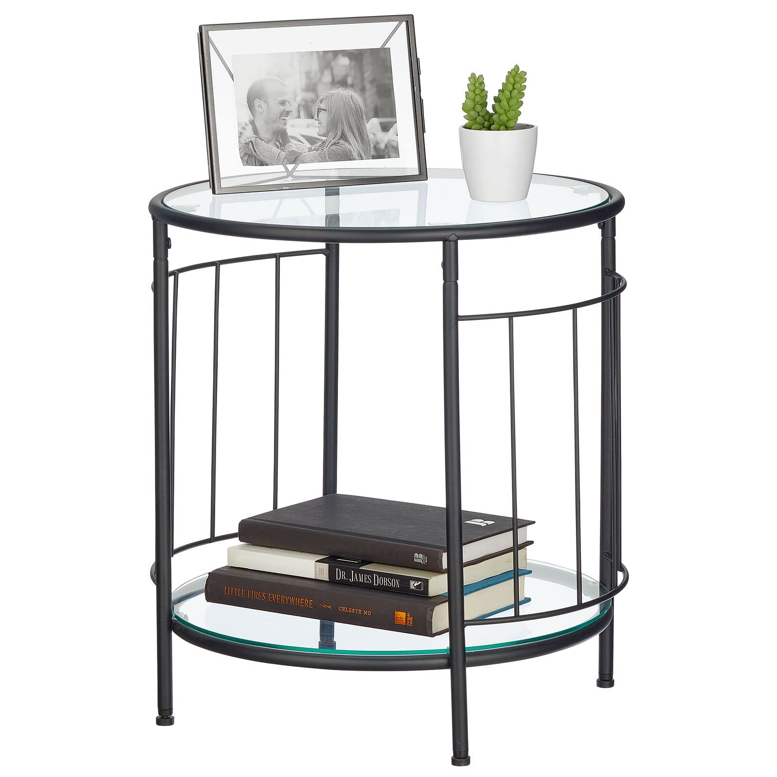 mDesign Glass Top Side Table - Small Round Art Deco Accent Nightstand with Geometric Metal Base for Living Room, Bedroom, Dorm & Home Office - Matte Black - Perfect for Holding Lamps, Books & Decor
