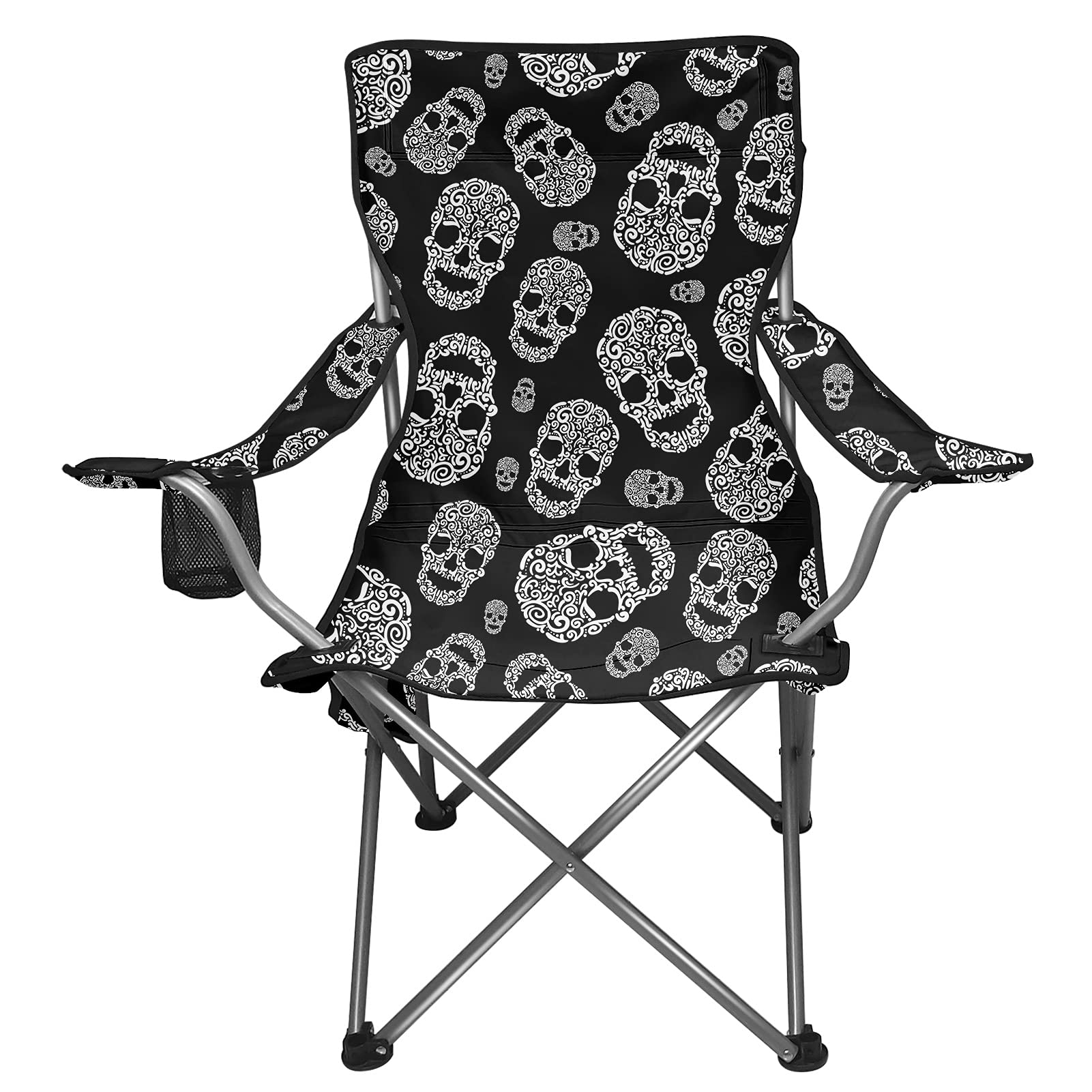 UNICEU Portable Folding Chair for Camping, Beach, Travel & Picnic - High Back Camping Chair with Cup Holder & Storage Pocket - Skull Black Design - Perfect for Outdoor Adventures, Backyard Relaxing & Tailgating Parties