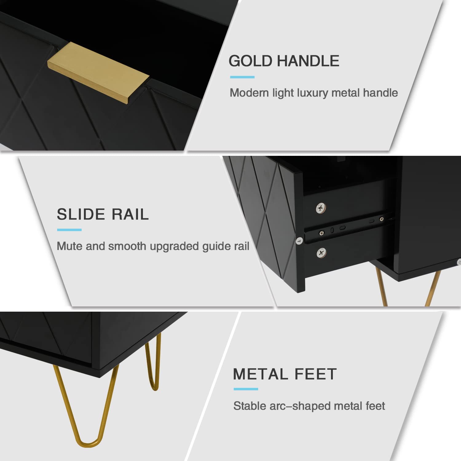 Anbuy Black Nightstand Set of 2 with Gold Handles - Modern Bedside Tables with 2 Drawers, Sturdy Gold Legs for Bedroom & Living Room - Perfect for Storing Books, Lamps & Bedroom Essentials