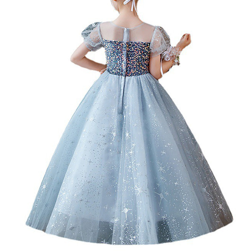 Elegant Blue Puff Sleeve Sequined Mesh Flower Girl Princess Dress for Baby Girls | Toddler Pageant Dresses | Perfect for Weddings, Birthday Parties & Special Occasions