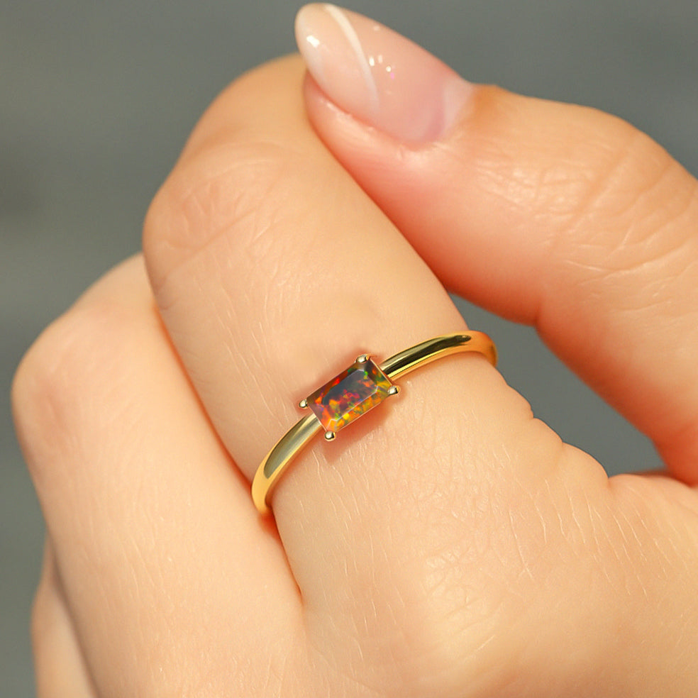 Natural Black Opal Single Baguette Stone Solitaire Ring – Elegant Handmade Jewelry for Women, Perfect for Weddings, Anniversaries & Special Occasions