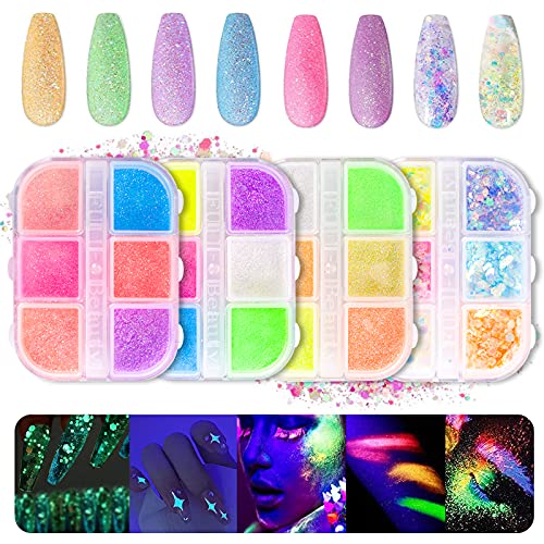 KYDA 24-Color Fluorescent Nail Powder Set - Luminous Glitter & 3D Holographic Night Nail Patch for DIY Manicures - Ultra-Thin Sequin Powder for Party, Wedding & Special Occasion Nail Art (4-Pack)