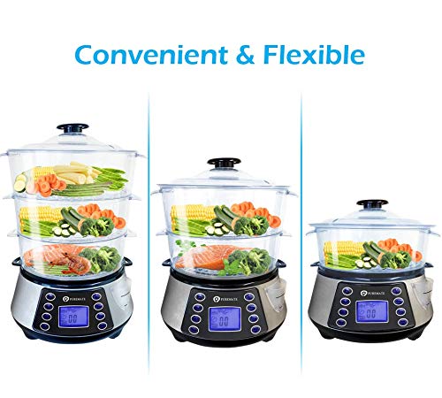 NaturoPure 11.5L Electric Food Steamer - 3-Tier Stainless Steel Steamer with 6 Preset Modes, 99-Minute Timer & 800W Power - Perfect for Healthy Cooking, Meal Prep & Rice Steaming (Includes Rice Bowl)