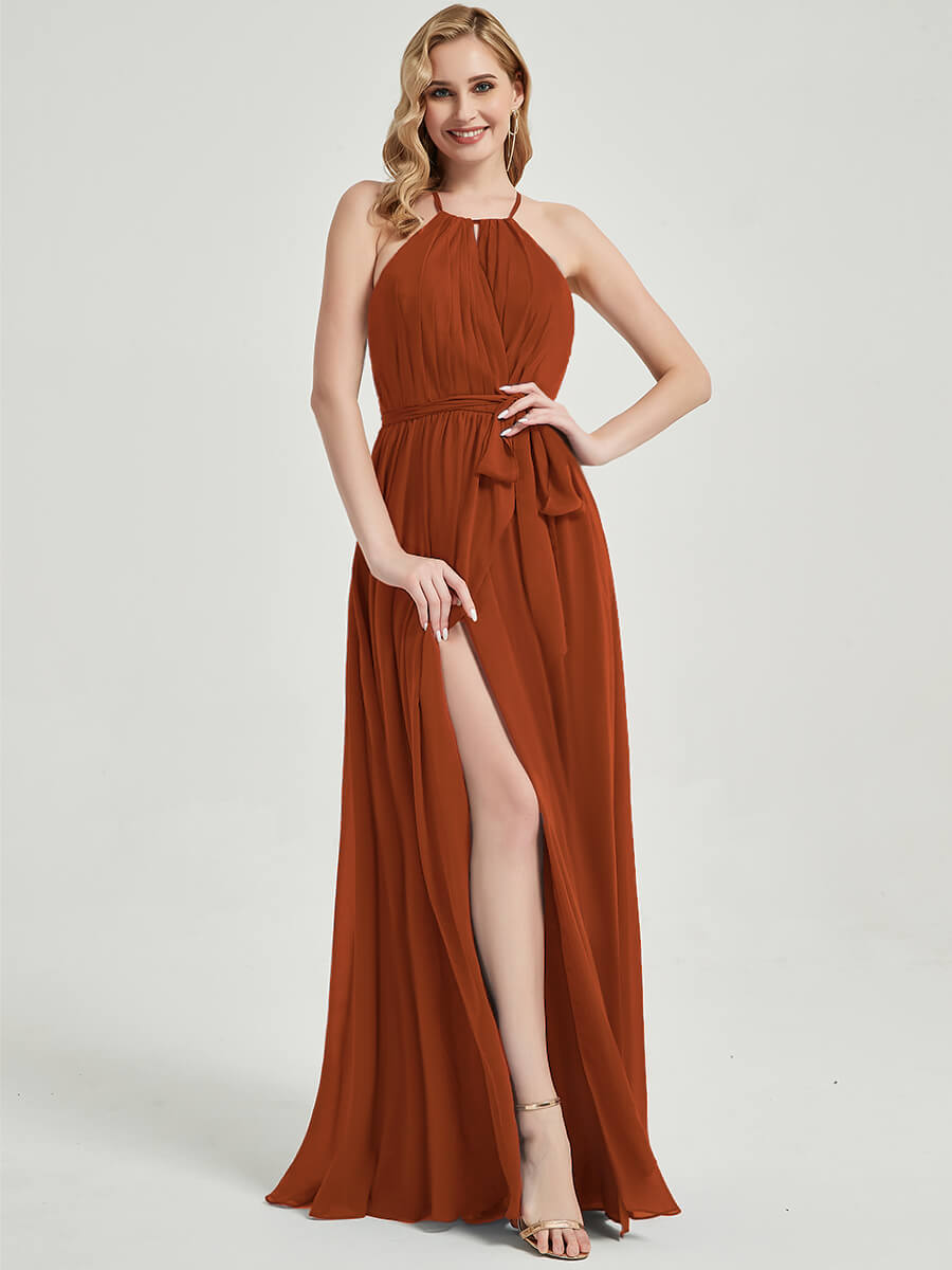 Elegant Burnt Orange Halter Neck Slit Wrap Chiffon Bridesmaid Dress - Floor Length Formal Gown for Weddings, Prom & Special Occasions