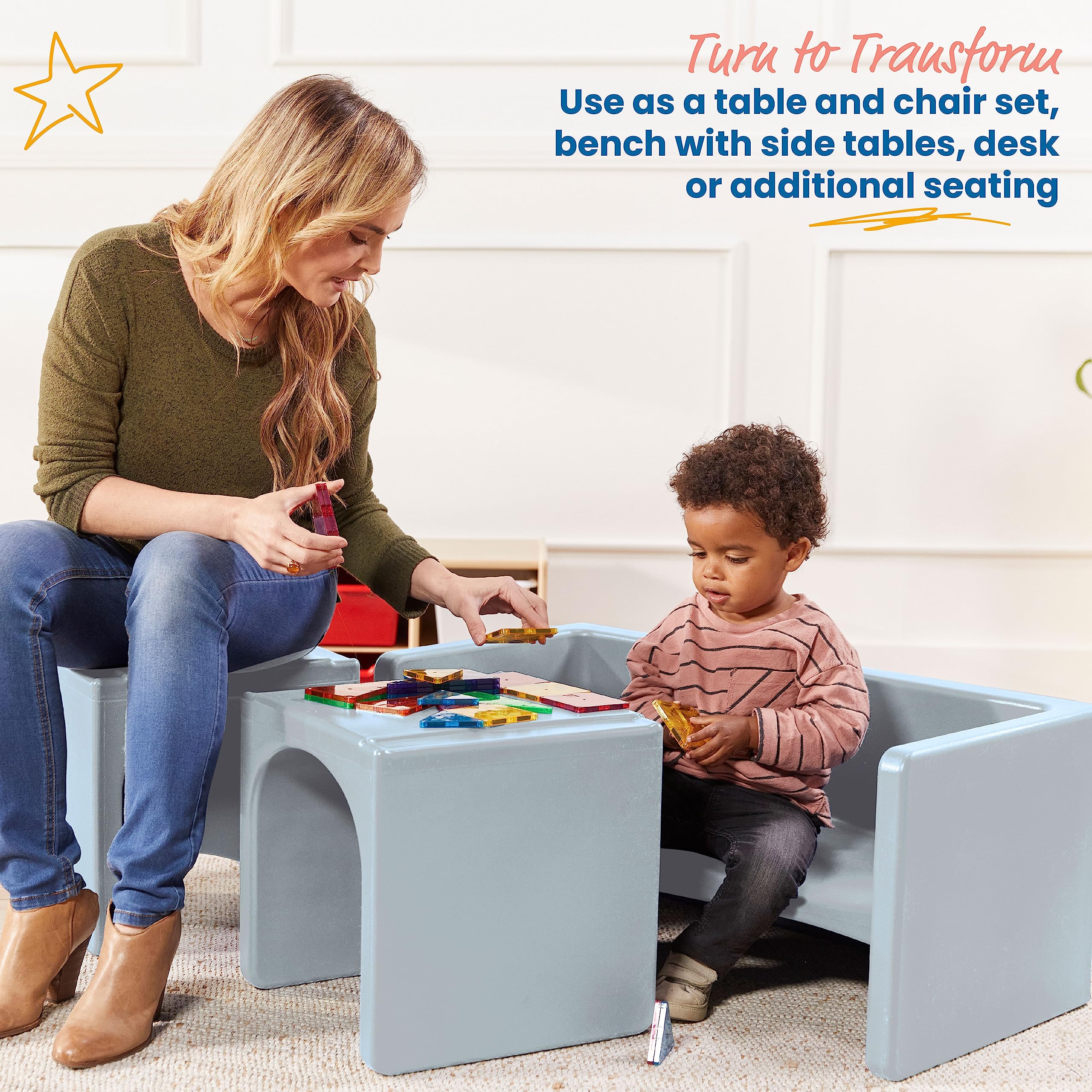 ECR4Kids Tri-Me Table and Cube Chair Set - Light Grey 3-Piece Kids Furniture for Classroom, Playroom & Home Learning - Toddler Activity Table with Storage & Stackable Chairs