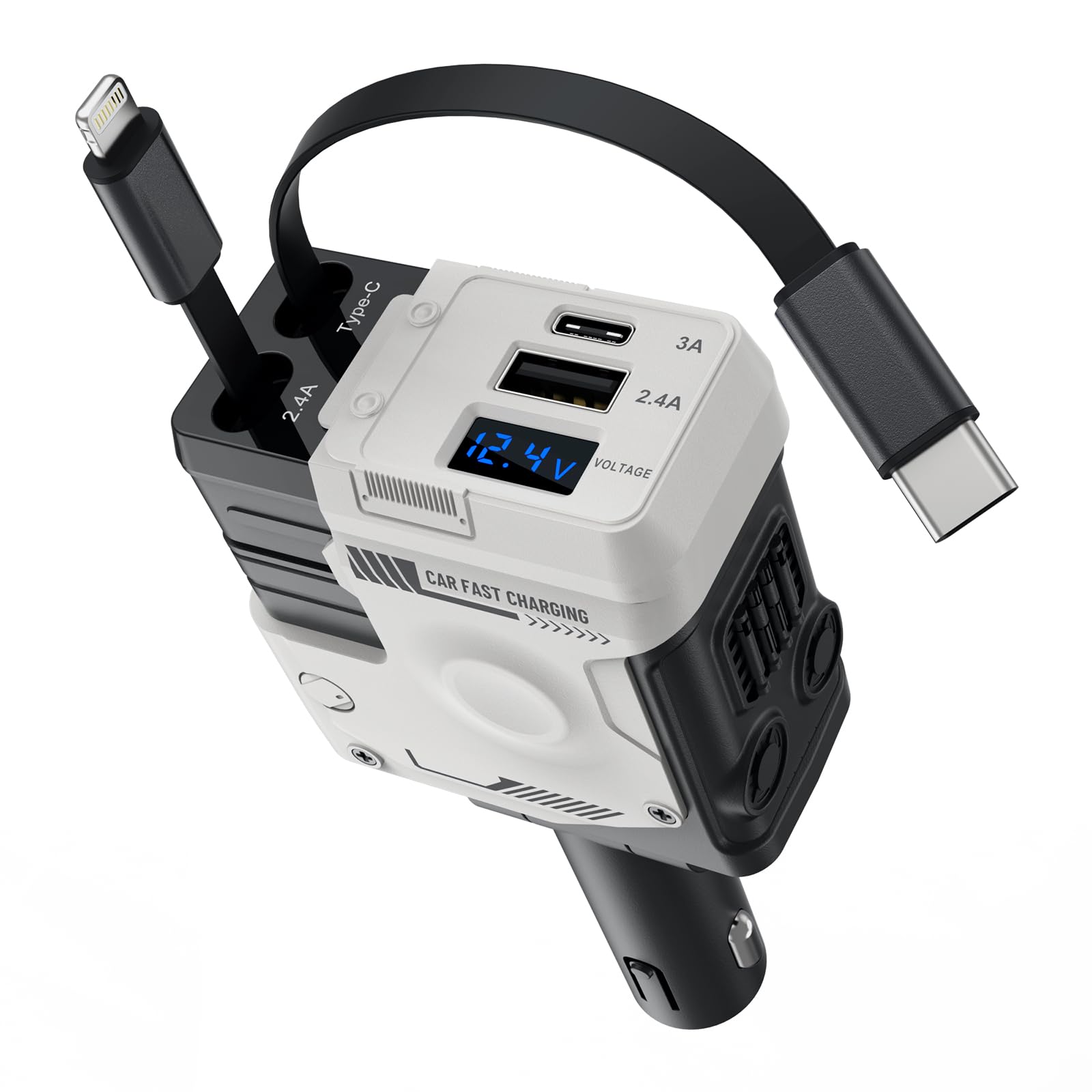 4-in-1 Retractable Car Charger with 127W Fast Charging | Dual USB-C & Type-C Ports | 31.5IN Retractable Cable & 180° Swivel Plug | Compatible with iPhone 16/15/14/13/12/Pro, Android, Samsung, Google & Tablets | Perfect for Road Trips, Commuting & Emergency Charging