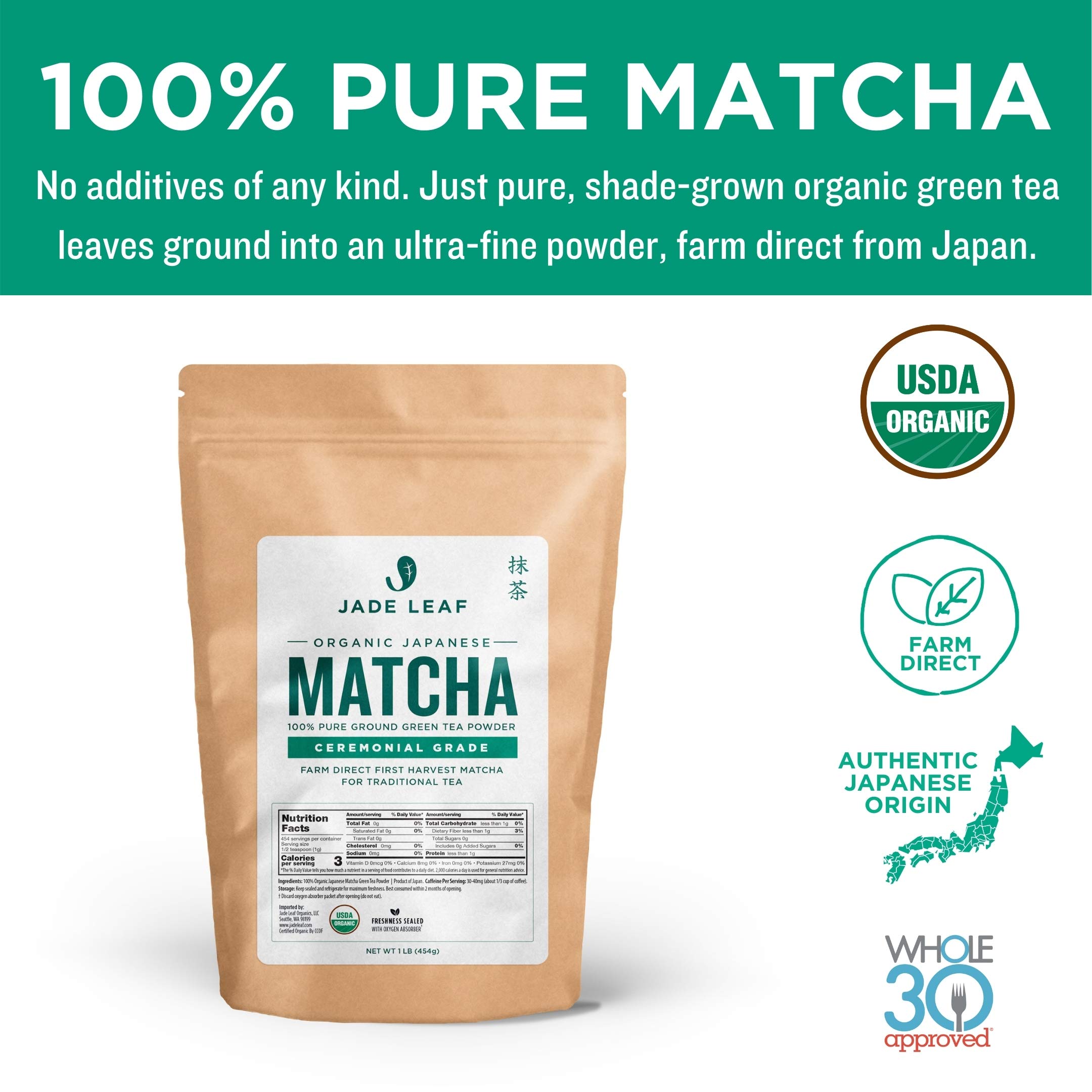 Organic Ceremonial Grade Matcha Green Tea Powder - Premium Japanese Origin, Farm Direct First Harvest - 1 Pound Pouch - Perfect for Tea Ceremonies, Lattes & Baking