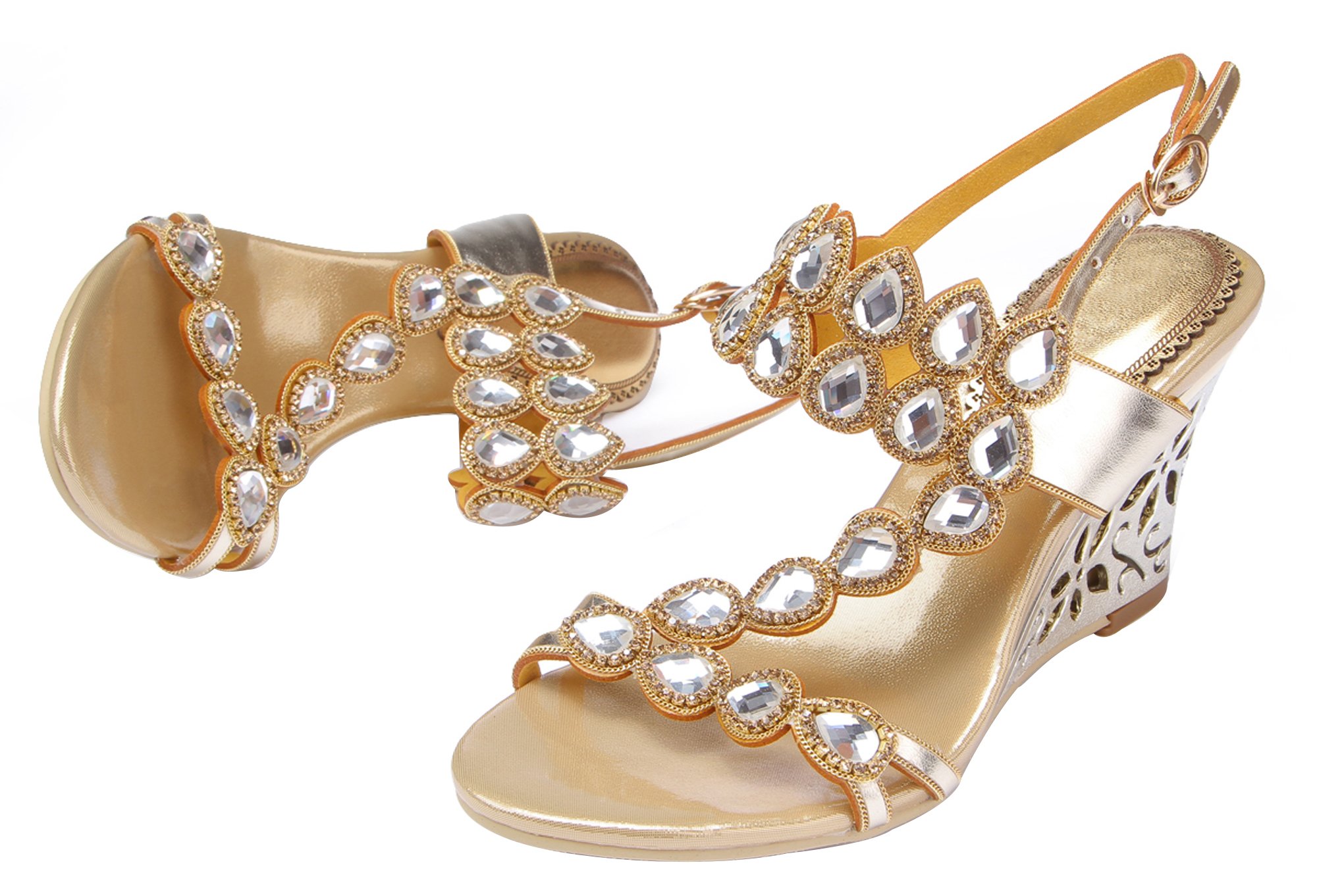 Honeystore Women's Rhinestone Wedge Sandals with Water Pattern & Adjustable Straps - Perfect for Beach, Pool, and Summer Outfits