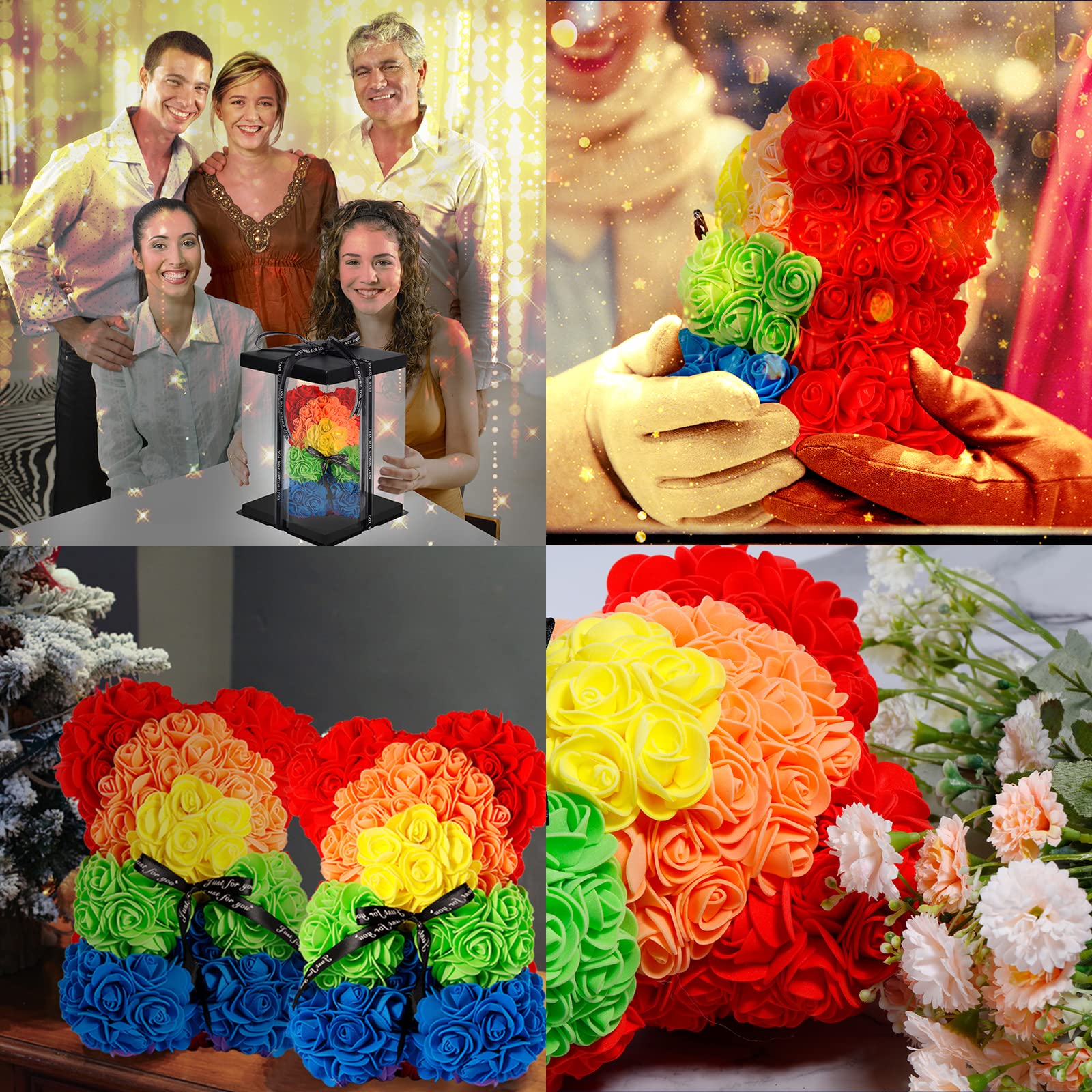 10 Inch Artificial Rose Flower Bear - Romantic Rainbow Gift for Christmas, Graduation, Valentine's Day, Mother's Day, Anniversary, Birthday & Wedding - Perfect for Home Decor, Party Centerpieces & Surprise Gifts