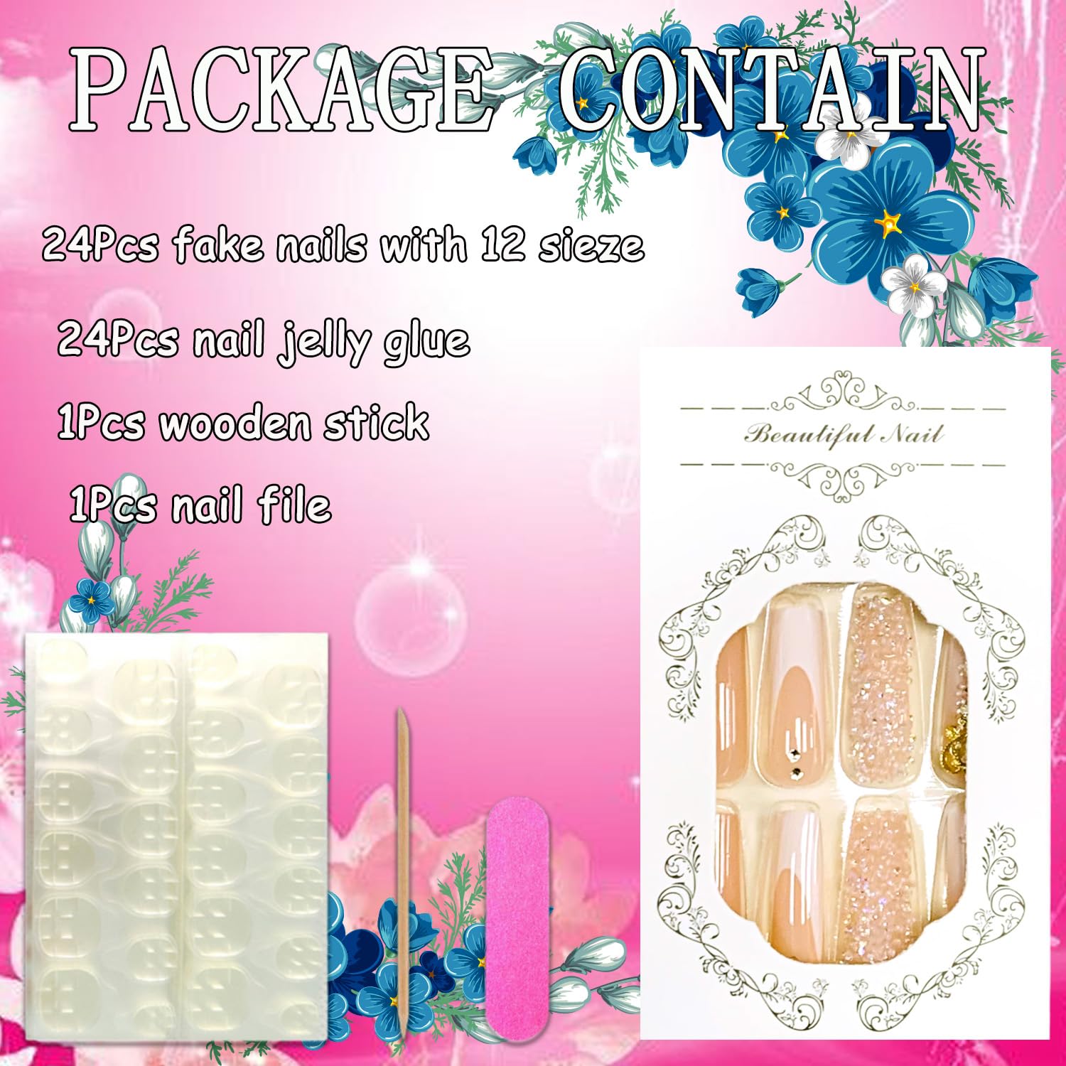 Long Coffin Press On Nails - Glossy Full Cover Acrylic French Tip False Nails with Diamond Designs & Charms - Square Fake Stick On Nails for Women & Girls - Perfect for Parties, Weddings & Special Occasions