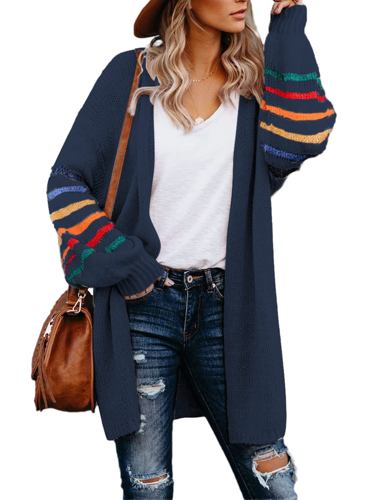 Dokotoo Women's Long Open Front Cardigan - Striped Color Block Loose Knit Sweater Coat for Casual Wear & Office Outfits
