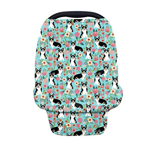 AFPANQZ Floral Corgi Dog Print Stretchy Baby Car Seat Cover - Universal Fit for Infant Car Canopy, Windproof & Breathable for All Seasons (Teal Blue) - Perfect for Boys & Girls in Spring, Autumn & Winter