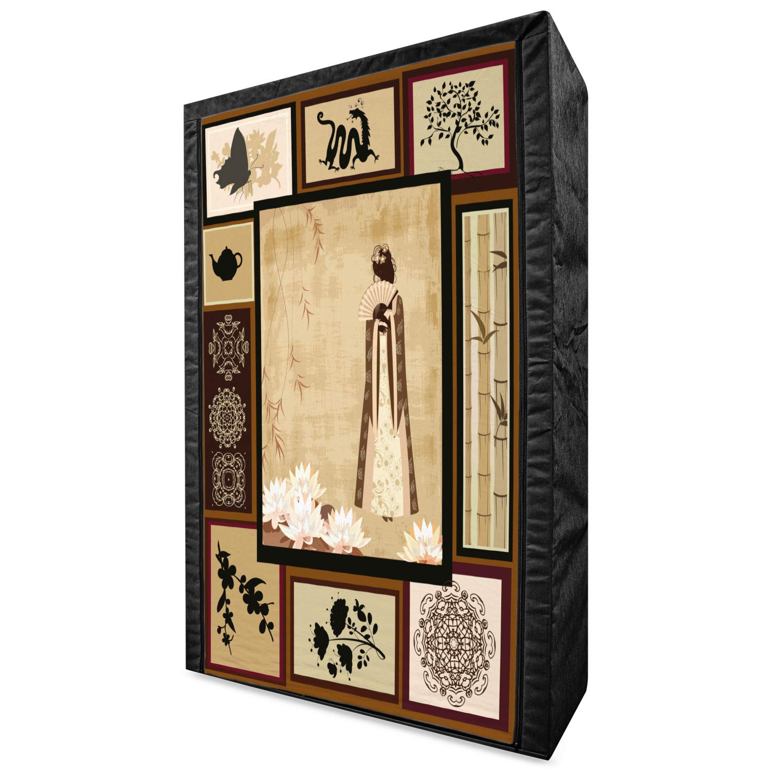 Ambesonne Japanese Fabric Wardrobe - Portable Closet Organizer with Shelves, Traditional Dress & Cultural Patterns, 42.5 Inch Multicolor Storage for Bedroom, Closet, Dorm Room or Small Spaces