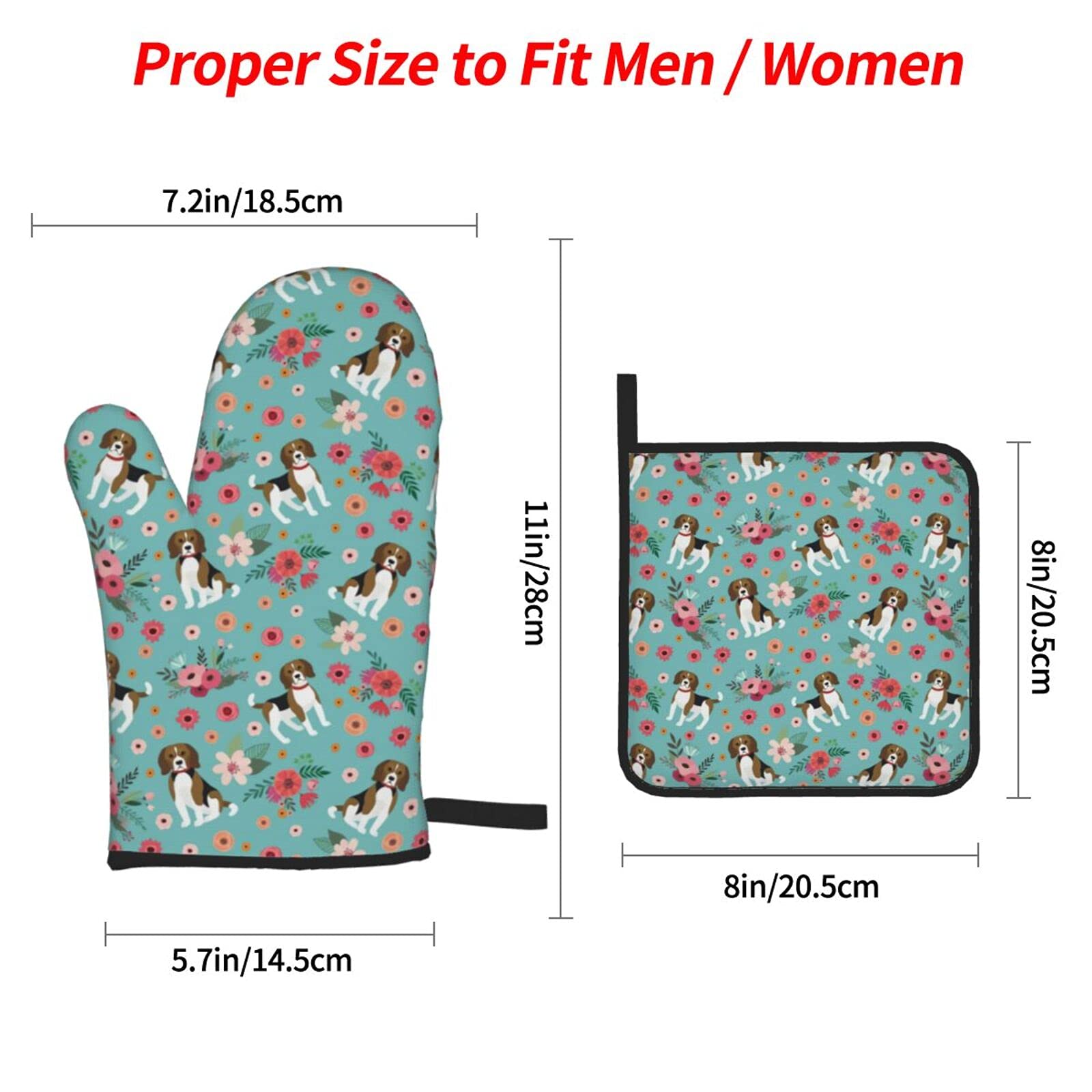 Heat Resistant Beagle 4-Piece Oven Mitts and Pot Holders Set - Non-Slip Kitchen Gloves with Cotton Lining for Cooking, Baking, BBQ & Grilling - Perfect for Home Kitchen, Outdoor Camping and Holiday Gift Giving