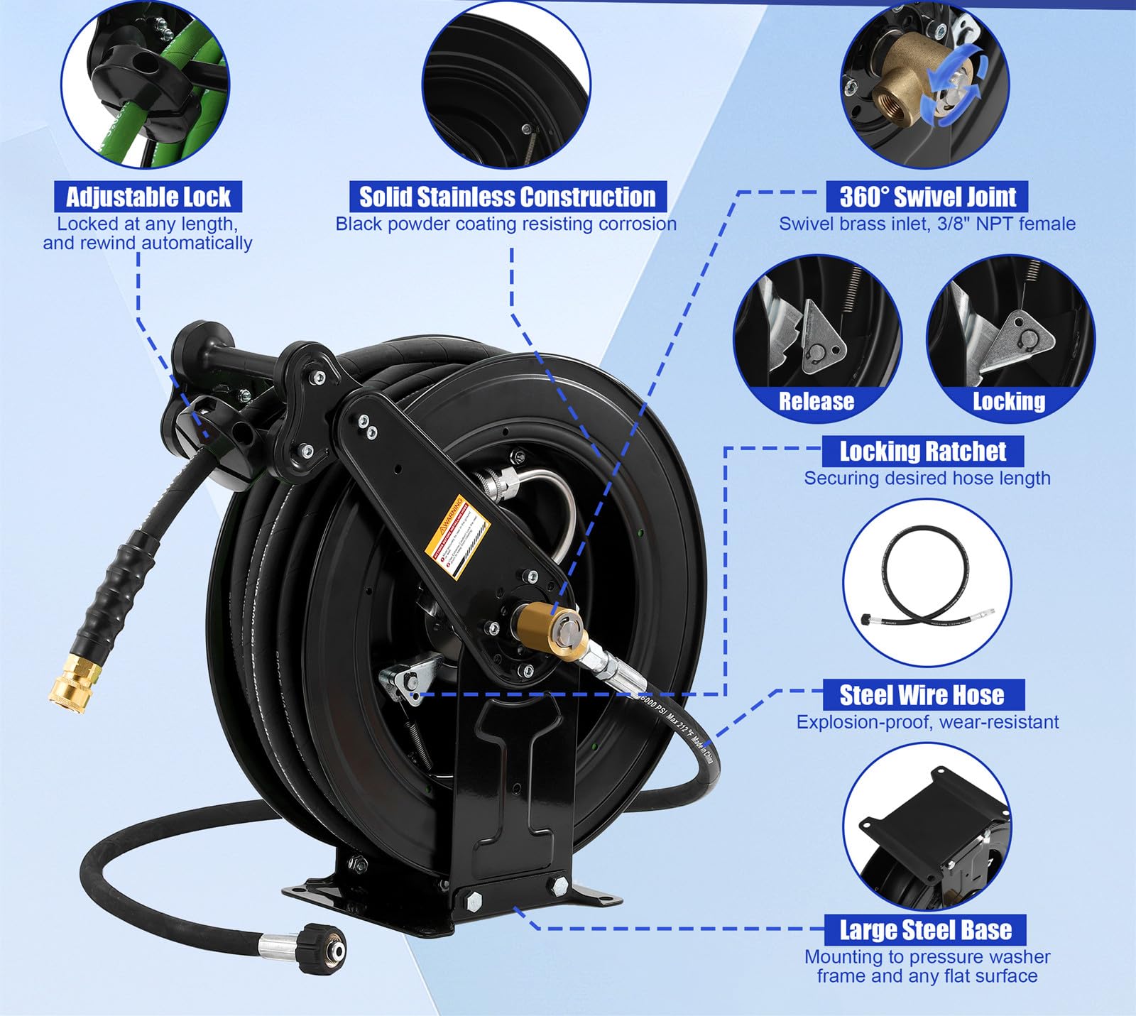 Heavy Duty Retractable Pressure Washer Hose Reel - 50FT x 3/8