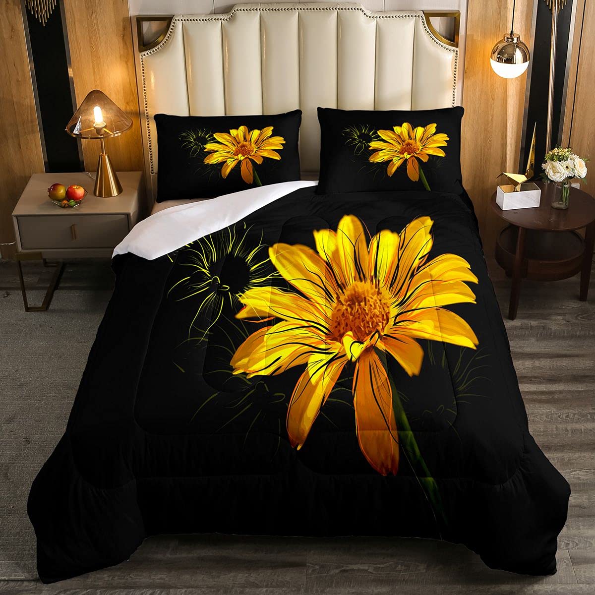 Sunflower Comforter Set Full Size - Floral Blossom Duvet Cover with Pillowcases, Soft Microfiber Bedding for Kids Boys Girls - Yellow & Black Nature Themed Room Decor for Bedroom, Dorm, Nursery
