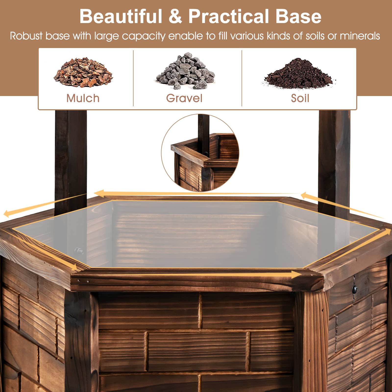 Giantex Rustic Wooden Wishing Well Planter with Hanging Bucket & Roof - Outdoor Garden Decor for Backyard, Patio, Lawn - Perfect for Flowers, Plants, and Countryside Landscaping