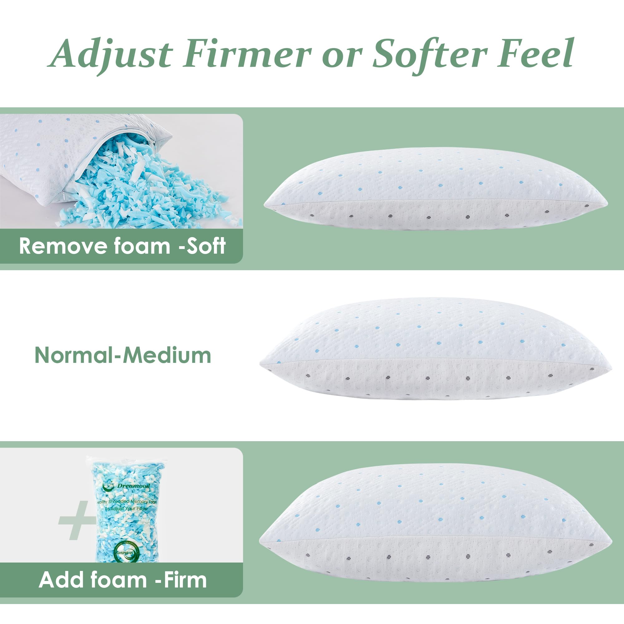 Queen Size Cooling Pillows Set of 2 - 100% Shredded Memory Foam with Extra Stuffing & Washable Cover - Hypoallergenic Bed Pillows for Side, Back & Stomach Sleepers - Perfect for Hot Sleepers & Allergy Relief