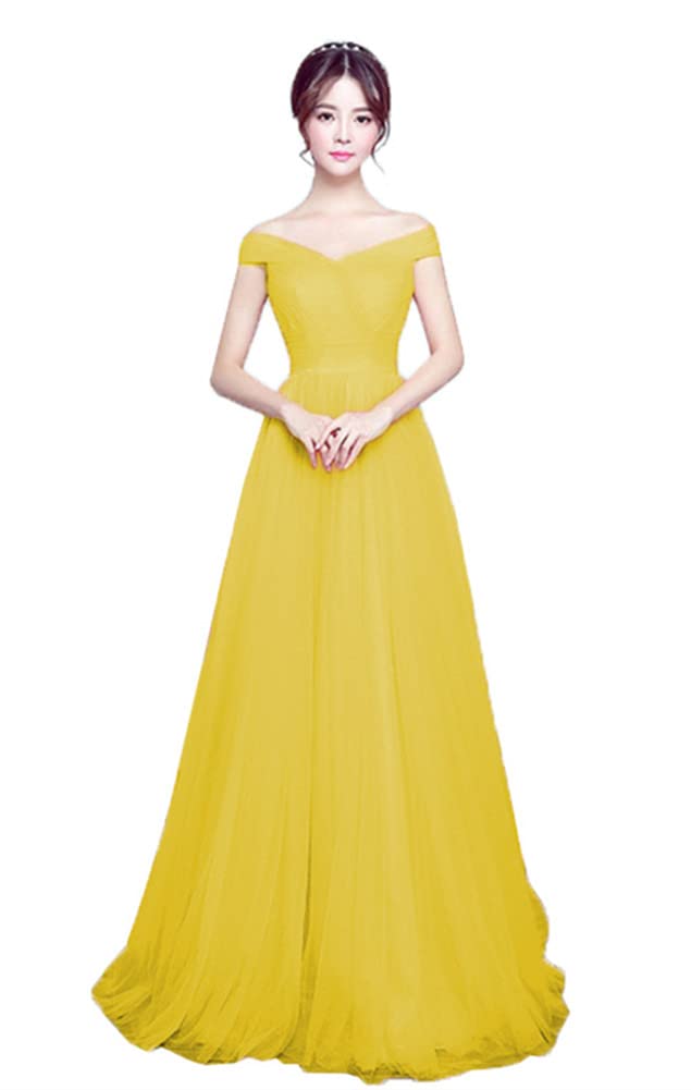 Elegant Off-the-Shoulder Yellow Tulle Wedding Dress for Women - A-Line Formal Ball Gown for Bridal, Prom, and Special Occasions
