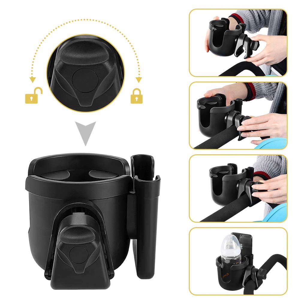 Universal Stroller Cup Holder with Phone Mount - 2-in-1 Drink & Phone Holder for Uppababy, Nuna, Doona Strollers, Bikes, Wheelchairs, Walkers & Scooters - Perfect for Parents, Cyclists & Mobility Aid Users