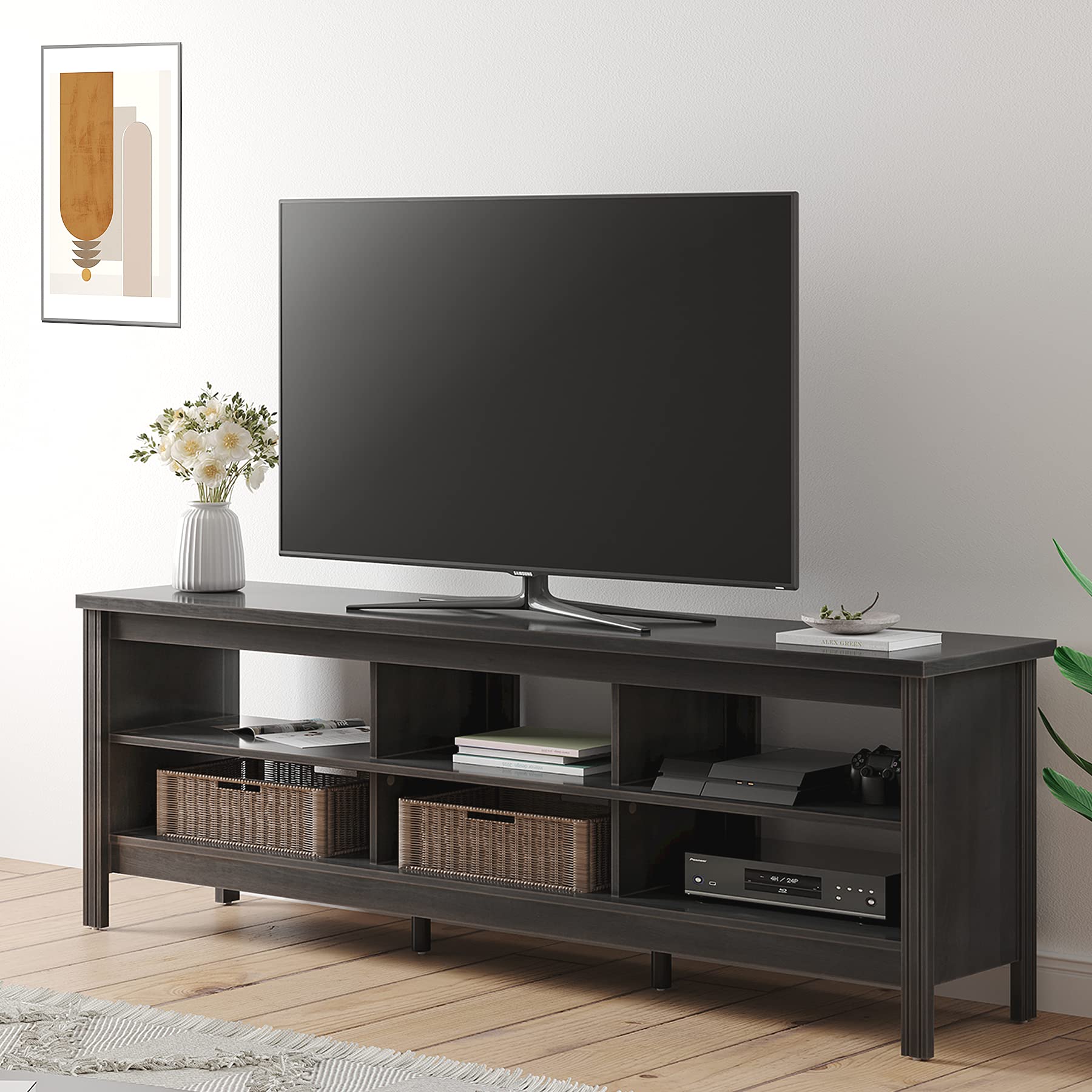 WAMPAT 70 Inch TV Stand for 75 Inch TVs - Modern Entertainment Center with 6 Storage Shelves, Classic TV Console Cabinet for Living Room & Bedroom - Black | Perfect for Home Theater Setup & Media Organization