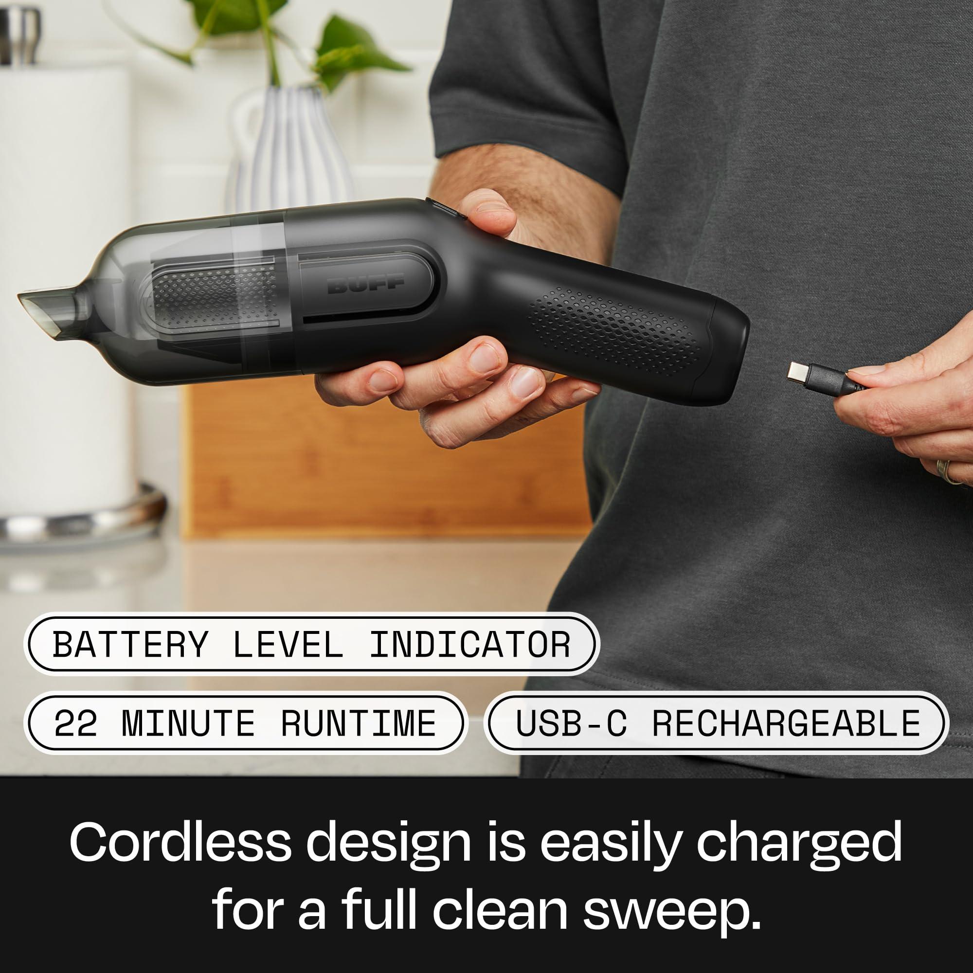 BUFF Cordless Handheld Vacuum Cleaner - Rechargeable Car Vacuum with Crevice Tool & Brush Attachments - Powerful Portable Vacuum for Home, Office, Car & Pet Hair Cleaning - Black | Perfect for Quick Cleanups, Car Detailing & Pet Hair Removal