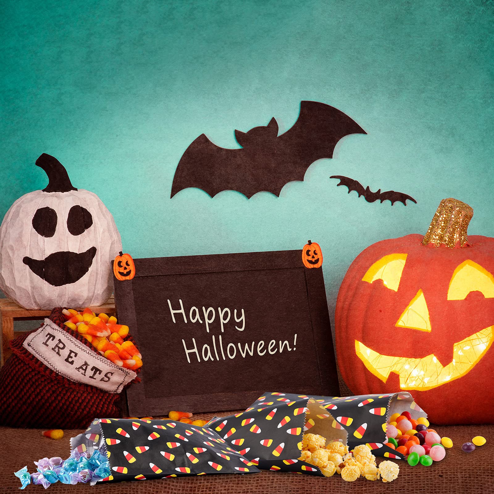 Kolewo4ever 100-Pack Halloween Treat Bags - Orange Candy Corn Design Paper Gift Bags for Chocolate, Cookies & Party Favors | Perfect for Trick-or-Treating, Classroom Treats & Halloween Buffets