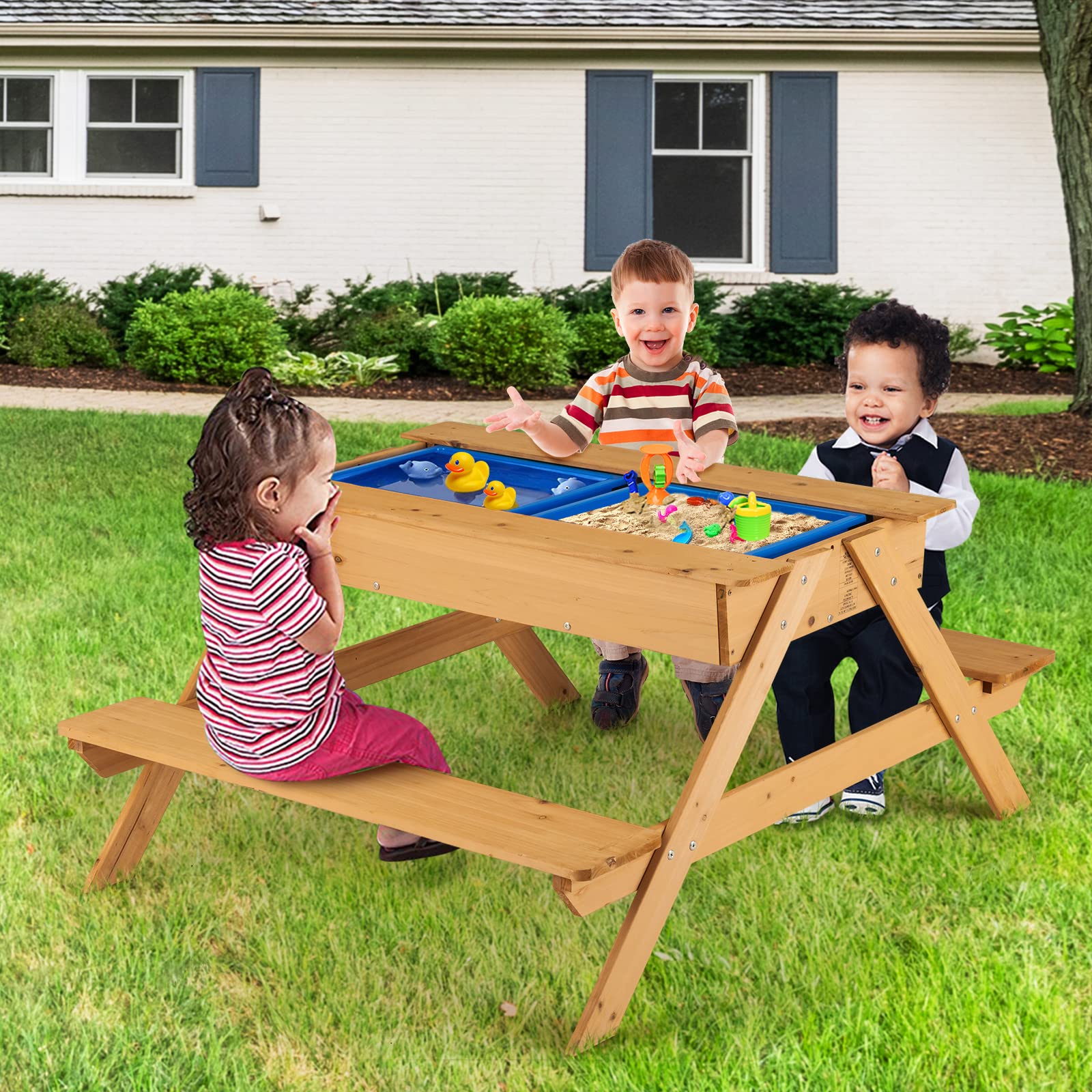 HONEY JOY Kids Picnic Table - 3-in-1 Convertible Sand & Water Play Table with 2 Storage Bins & Detachable Tabletop - Wooden Outdoor Bench Set for Backyard, Garden & Patio - Perfect for Toddler Activities, Sensory Play & Outdoor Fun