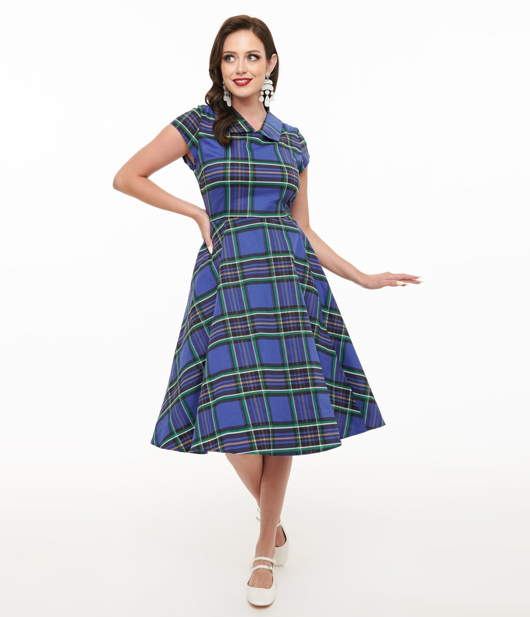Vintage 1950s Blue Plaid Swing Dress for Women - Retro Floral Orchid Print A-Line Dress - Perfect for Cocktail Parties, Tea Dances & Pin-Up Photo Shoots
