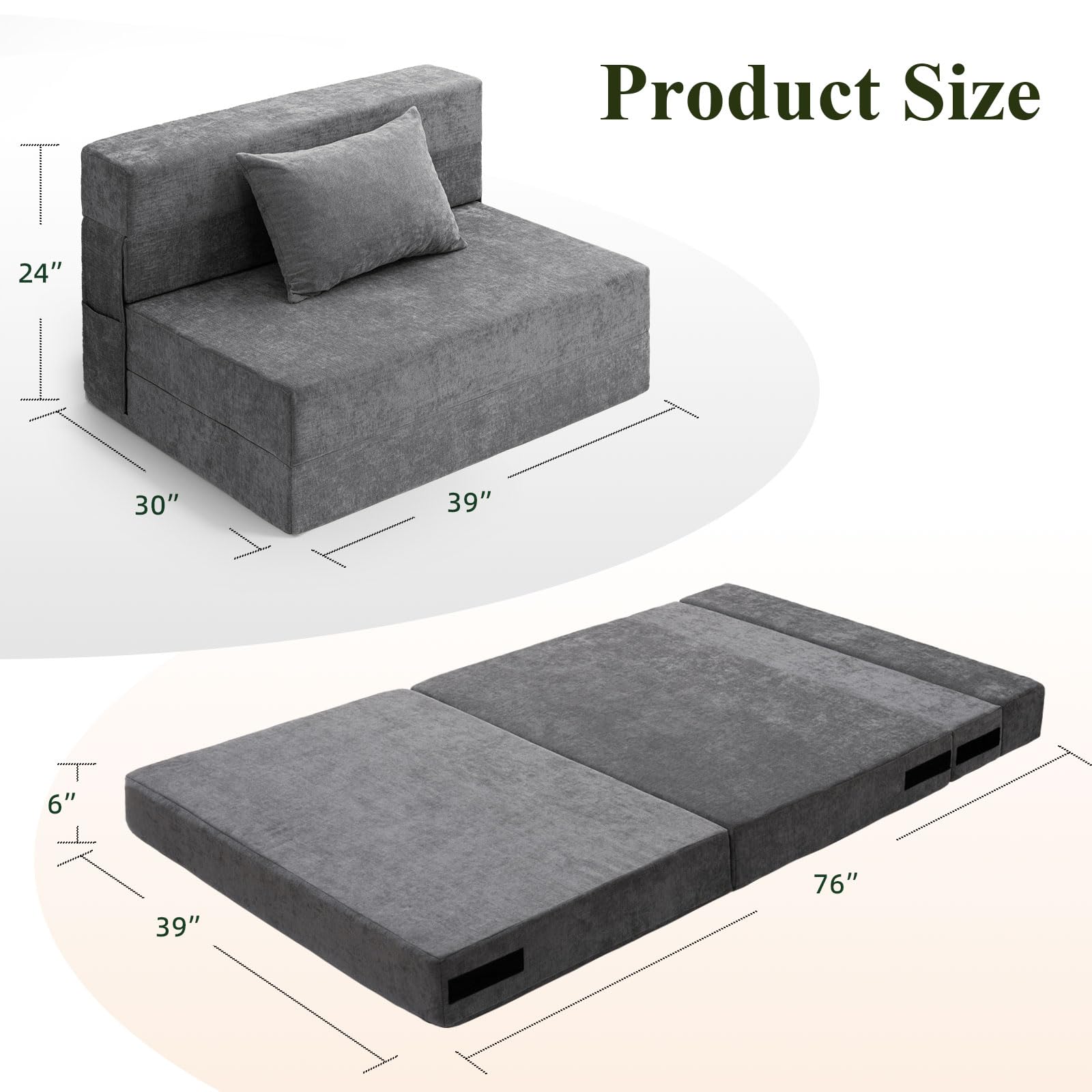 HOMFINE Folding Sofa Bed - Convertible Sleeper Chair with Pillow, Twin Size Gray Futon Couch for Small Spaces | Fold Out Couch & Foam Floor Mattress | Perfect for Living Room, Dorm, Guest Room & Home Office | Space-Saving Multi-Functional Furniture for Relaxing, Lounging & Overnight Guests