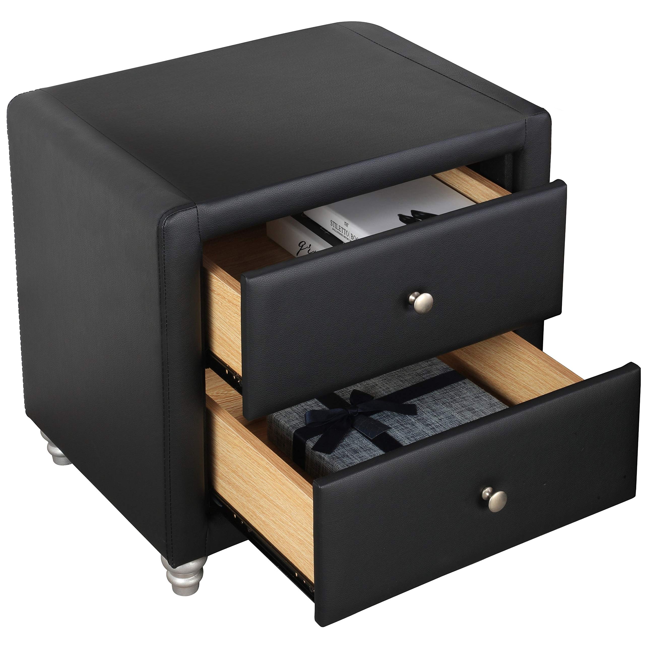 Modern Black Faux Leather Upholstered 2-Drawer Nightstand - No Tools Assembly Required | Perfect for Bedroom, Guest Room & Apartment Decor