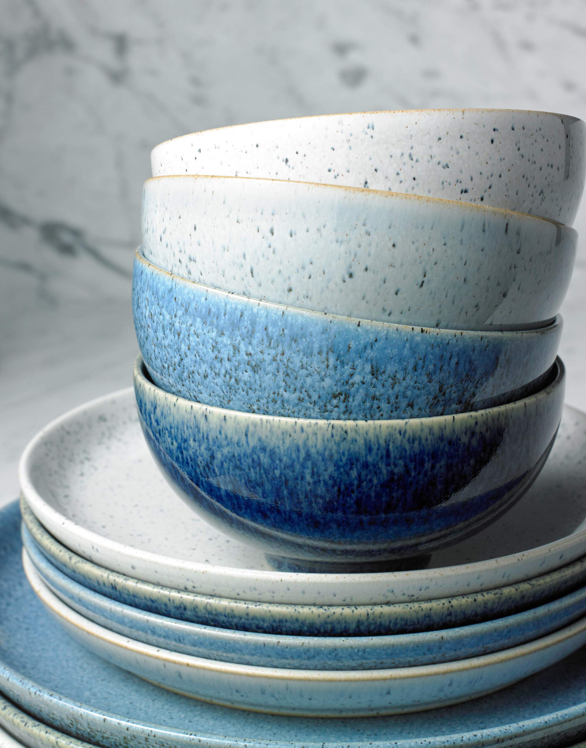 Denby Studio Blue 4-Piece Ceramic Cereal Bowls Set - 15.5cm/800ml Microwave & Dishwasher Safe Stoneware - Crack Resistant Soup & Breakfast Bowls for Home, Kitchen & Restaurant Use