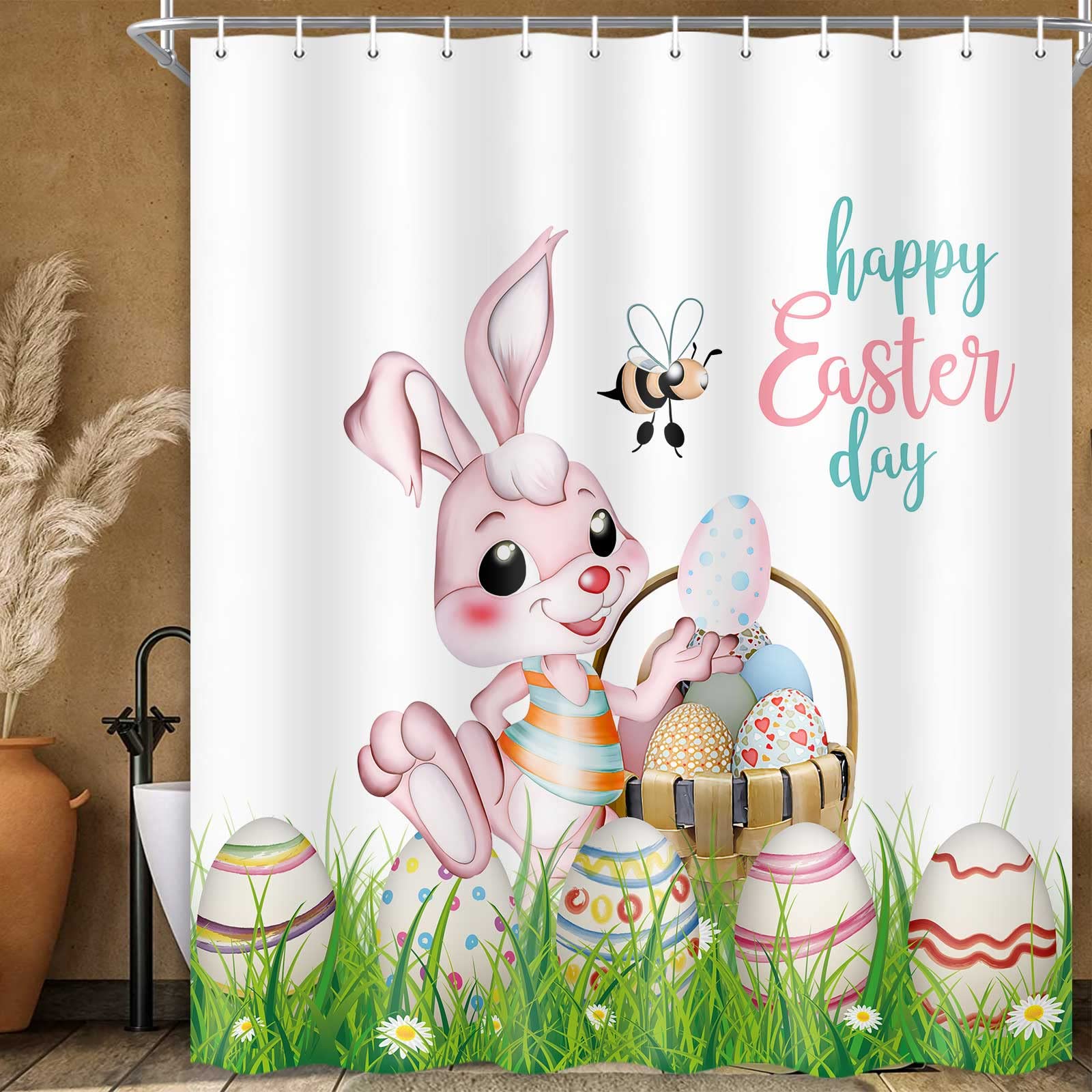 Easter Shower Curtain - Cute Bunny Rabbit with Spring Flowers & Easter Eggs Design, Waterproof Fabric Bathroom Decor Set with Hooks, 71x71 Inches - Perfect for Easter Home Decor, Spring Bathroom Makeover & Holiday Gift