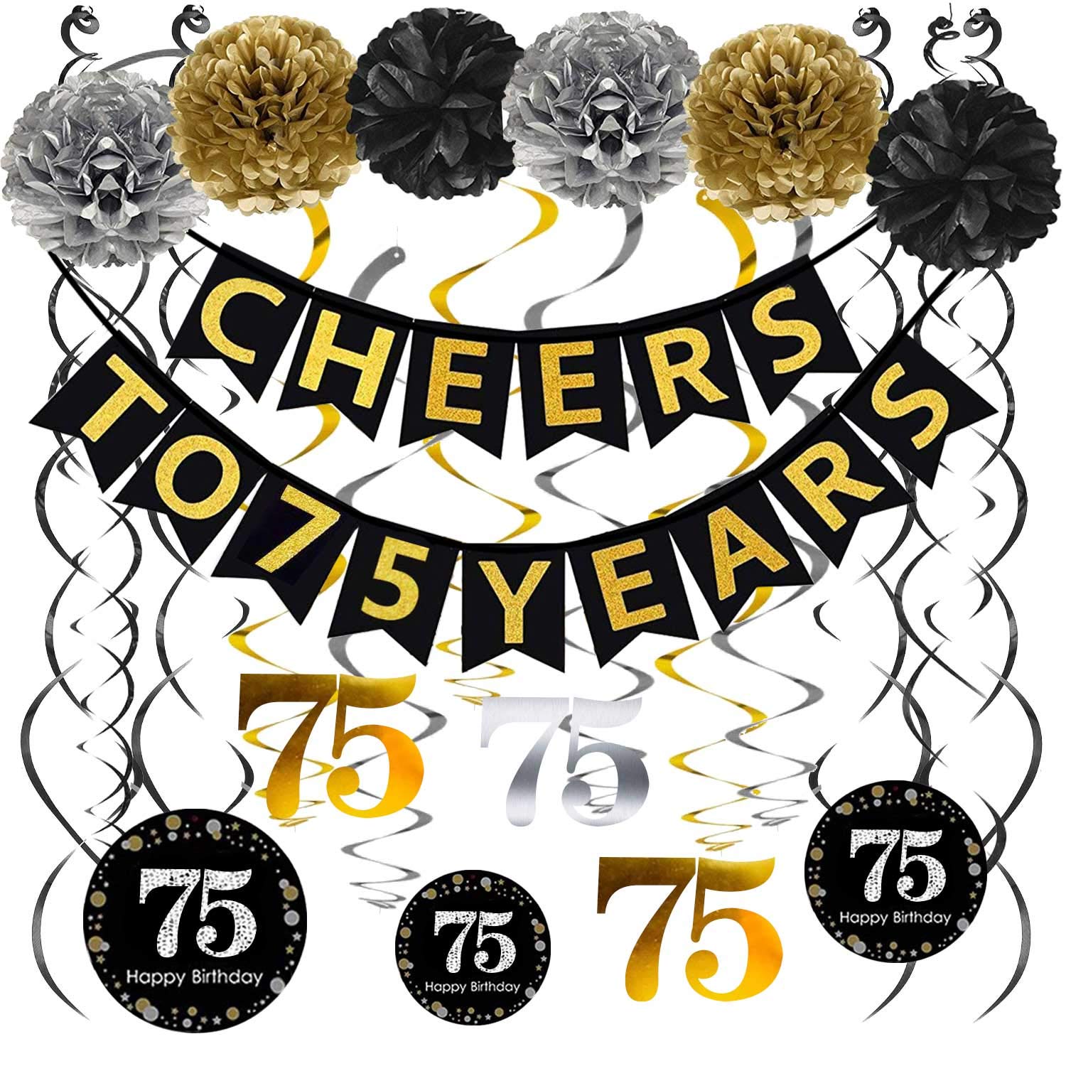75th Birthday Party Decorations Set - Gold Glitter 'Cheers to 75 Years' Banner, Pom Poms & 12PCS Sparkling Hanging Swirls | 75 Years Old Party Supplies for Milestone Celebrations, Retirement Parties & Anniversary Decorations