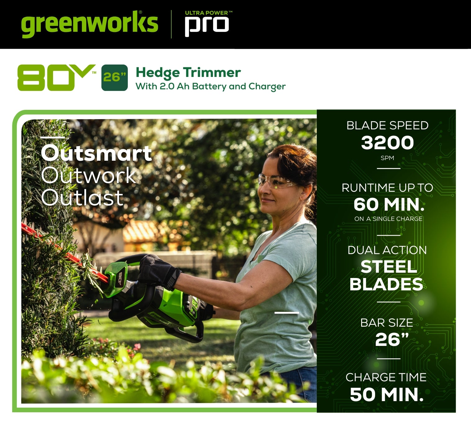 80V 26-Inch Cordless Battery Hedge Trimmer - 1.1 Inch Cutting Capacity, 3200 SPM, with 2.0Ah Battery & Fast Charger - Perfect for Home Garden Landscaping and Yard Maintenance