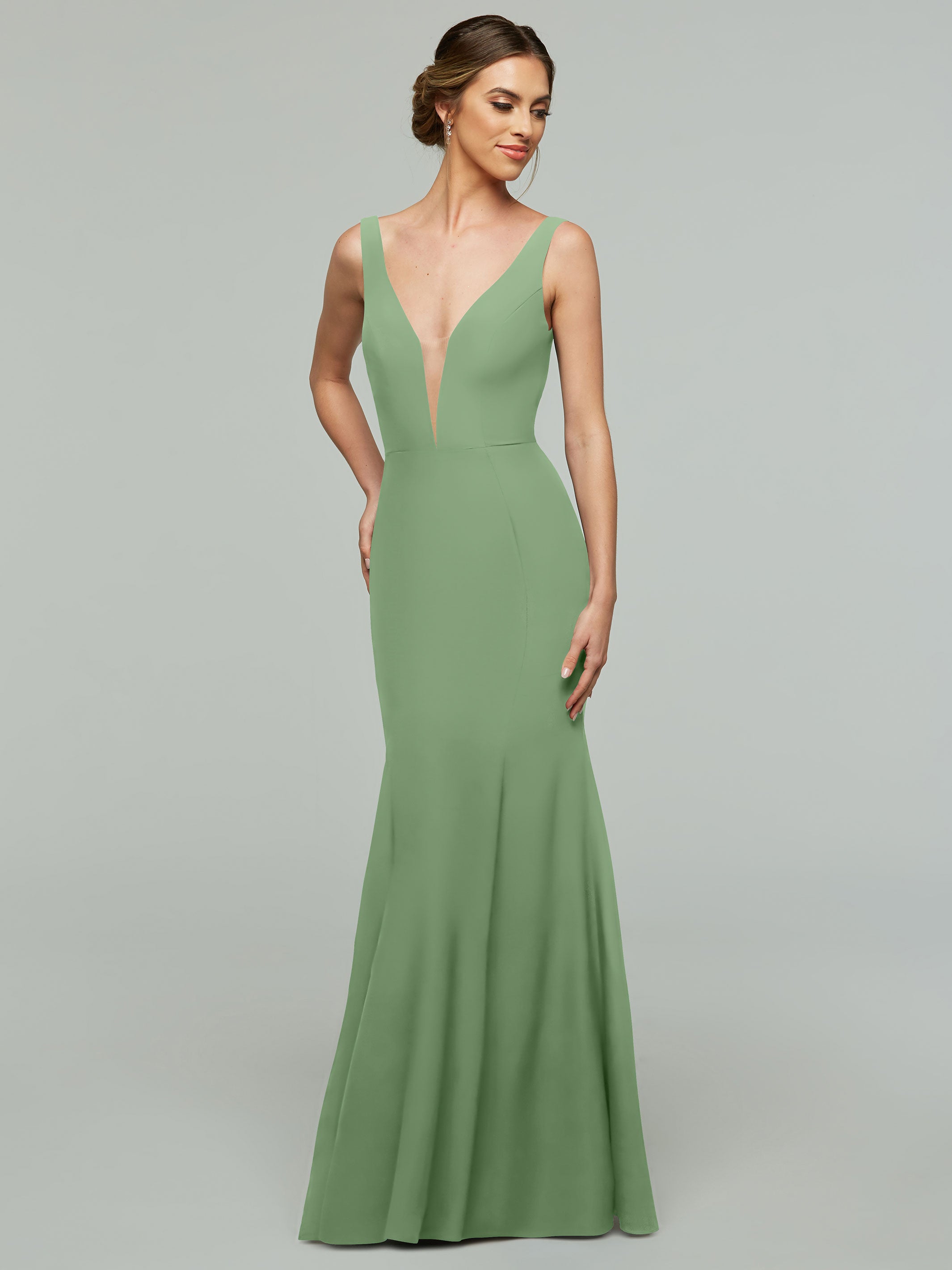 83010 Mermaid Stretch Chiffon Bridesmaid Dress with Plunging Neckline - Elegant Formal Gown for Weddings, Prom & Special Occasions