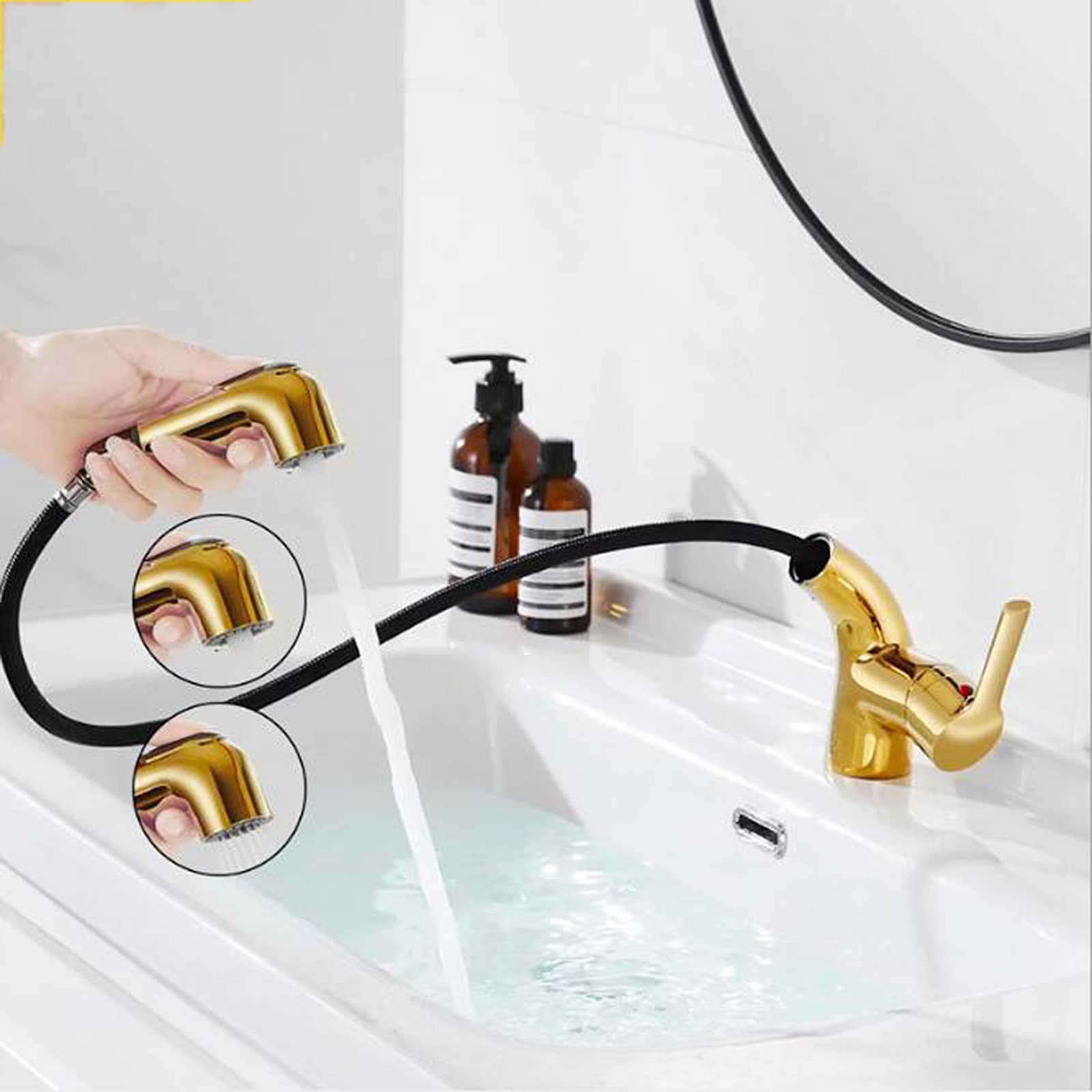 **Pull-Out Sprayer Bathroom Faucet - 2 Spray Modes, Brass Gold Finish for Vanity Sink, Vessel Sink & Washbasin | Perfect for Modern Bathrooms & Lavatories**