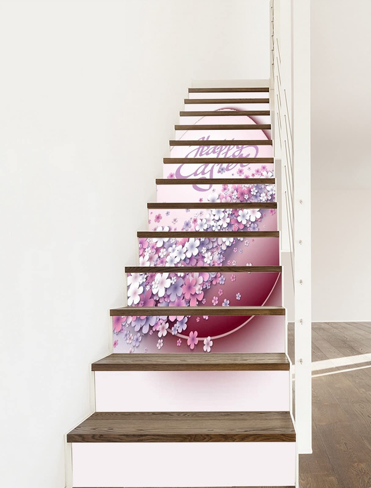 A.Monamour 3D Self-Adhesive Removable Stair Stickers - Easter Egg Purple Pink Flowers Vinyl Decals for Stairs, Kitchen Tiles & Walls (13-Piece Set) - Perfect for Holiday Decorations, Home Renovation & DIY Projects