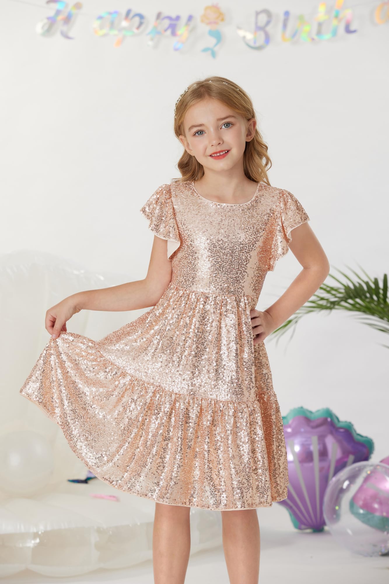 GRACE KARIN Girls Sequin Party Dress for Birthday, Prom, Formal Events - Elegant Ruffle Midi Dress for Ages 5-14 Years | Perfect for Special Occasions, Dance Recitals & Holiday Celebrations