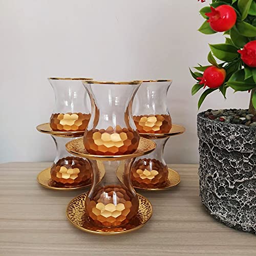 LaModaHome Vintage Handmade Turkish Arabic Tea Glasses Set - 6-Piece Gold Luxury Tea Cups with Metal Saucers for Home, Wedding & Gift | Perfect for Afternoon Tea, Parties & Turkish Coffee Ceremonies