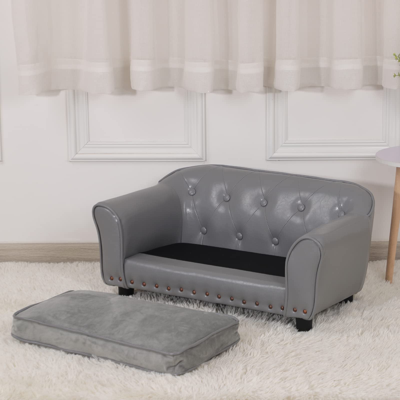 Premium Small Pet Couch - Cozy Dog Bed & Cat Sofa with Wooden Frame, Leather Fabric & Cushion - Comfortable Puppy Chair for Small Animals - Perfect for Living Room, Bedroom or Pet Nursery (Grey)