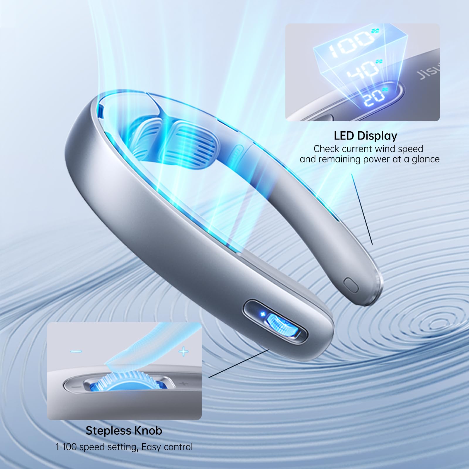 JISULIFE Upgraded Portable Neck Fan - 100 Speeds Bladeless Personal Fan with LED Display, 5000mAh Rechargeable Battery, Wearable Cooling Fan for Men & Women (Grey) - Perfect for Outdoor Activities, Travel, Office & Home Use