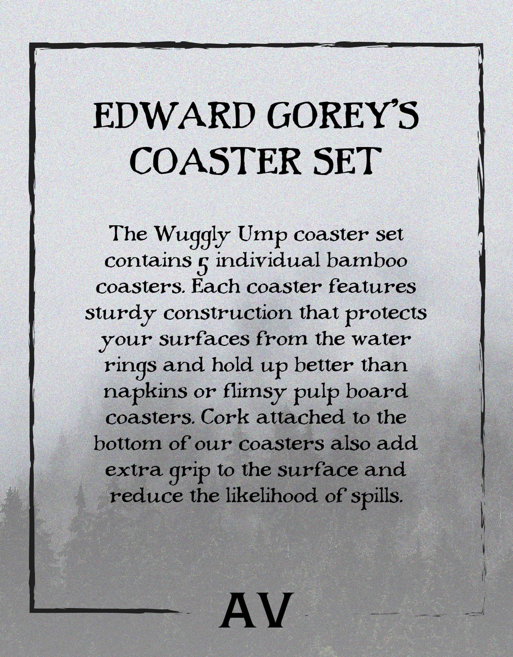 Edward Gorey™ Wuggly Ump Laser-Cut Bamboo Coaster Set - 5 Pack Square Drink Coasters for Coffee Tables, Home & Kitchen Decor - Perfect for Protecting Surfaces from Hot & Cold Beverages