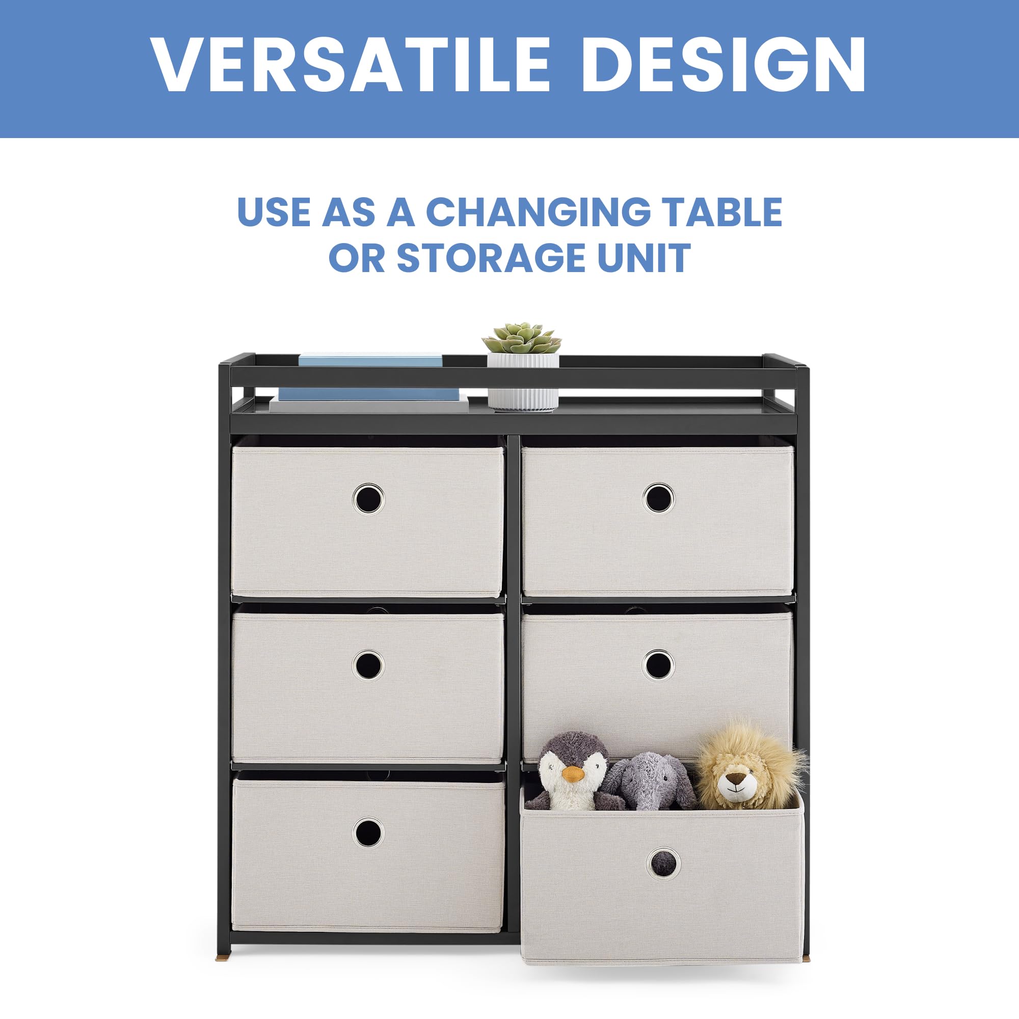 Delta Children Hayes Changing Table and Dresser with 6 Fabric Drawers - Nursery Storage Solution in Charcoal Grey/Flax | Perfect for Baby Room Organization and Diaper Changing Station