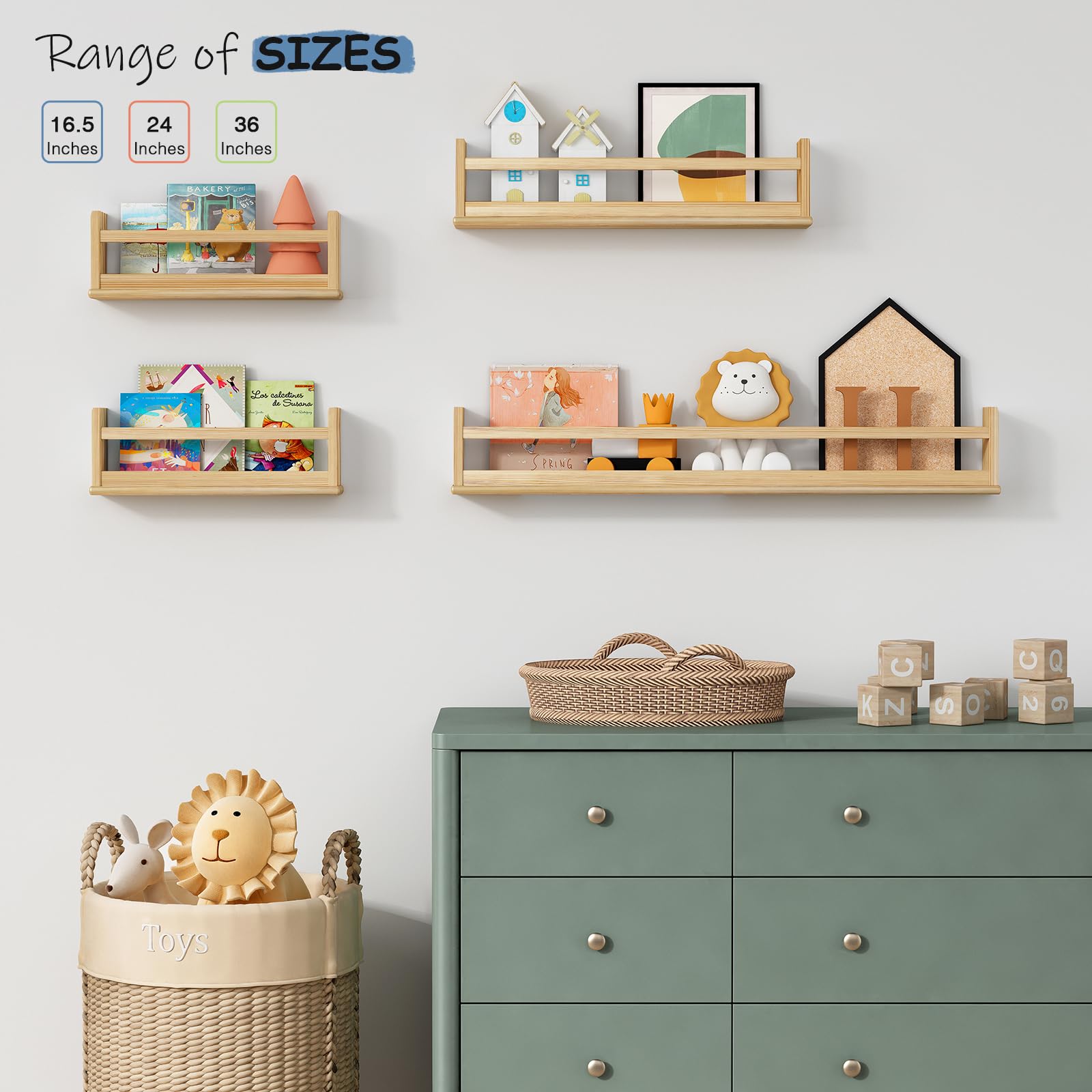 Upgraded 36 Inch Wooden Wall Bookshelf for Kids - 3-Pack Natural Floating Shelves for Nursery, Bedroom & Living Room Decor - Perfect for Organizing Books, Toys & Displaying Decorations