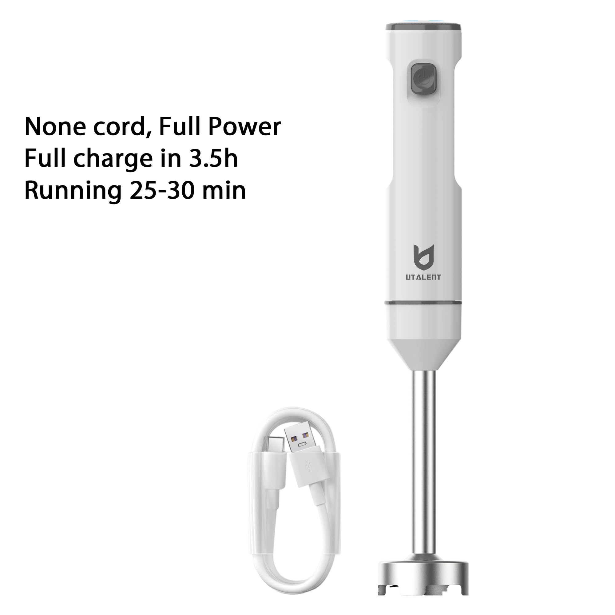 UTALENT Rechargeable Cordless Hand Blender with 500ml Chopper & 600ml Container - Variable Speed Immersion Blender with Egg Whisk for Smoothies, Baby Food, Soups - Perfect for Kitchen, Camping & Small Spaces (White)