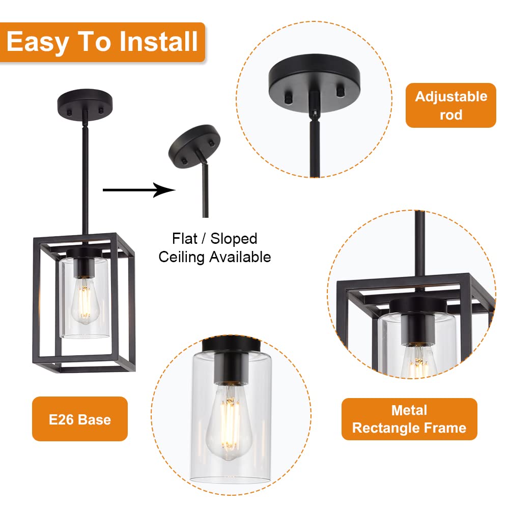 VINLUZ Black Cage Farmhouse Pendant Light with Glass Shade - Modern 1-Light Kitchen Island Chandelier for Dining Room, Living Room & Home Decor | Rustic Industrial Ceiling Hanging Fixture for Farmhouse, Loft & Contemporary Spaces