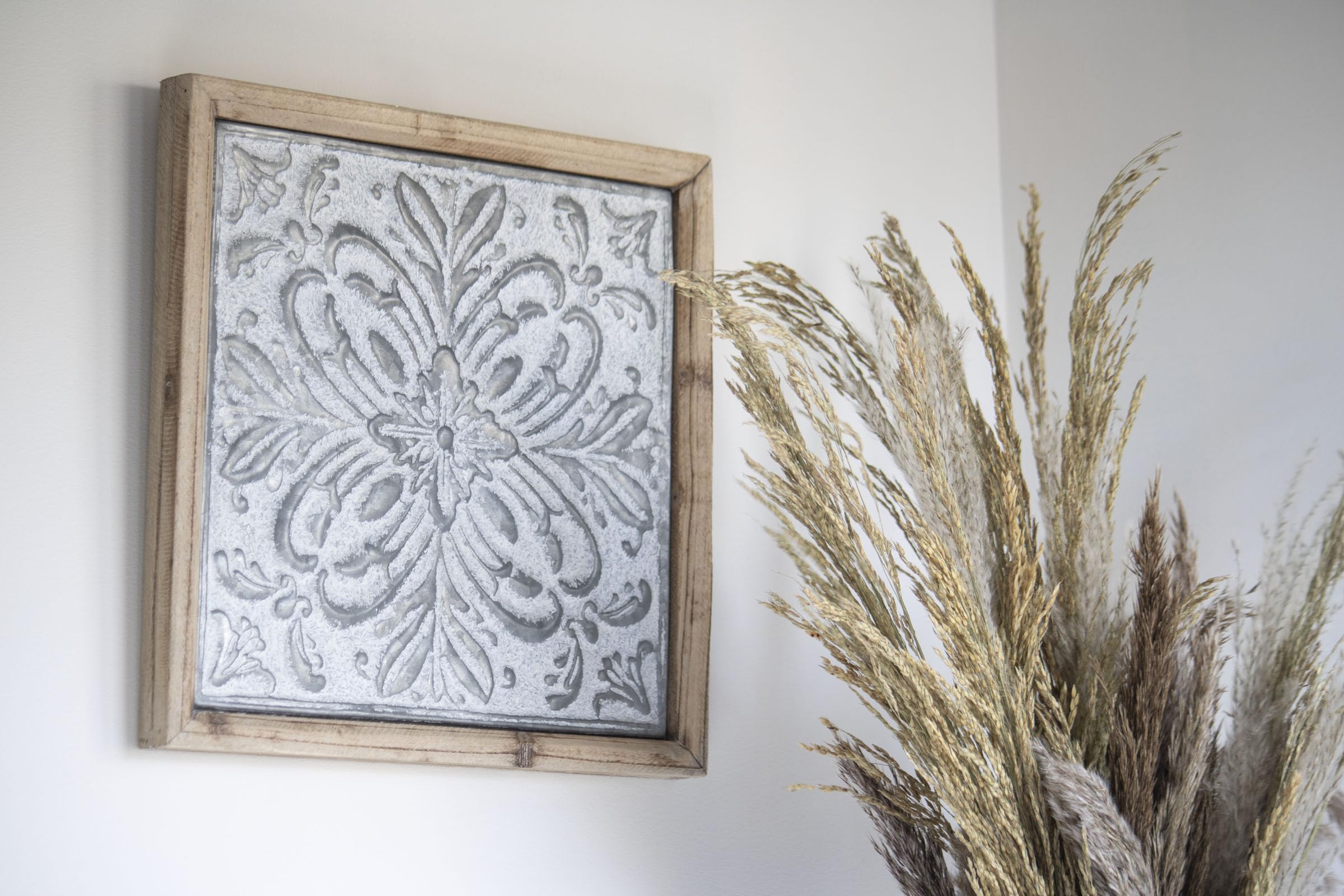 Foreside Whitewashed Tin Tile Wall Decor with Wood Frame - Rustic Farmhouse Home & Garden Decoration for Living Room, Kitchen, or Bedroom