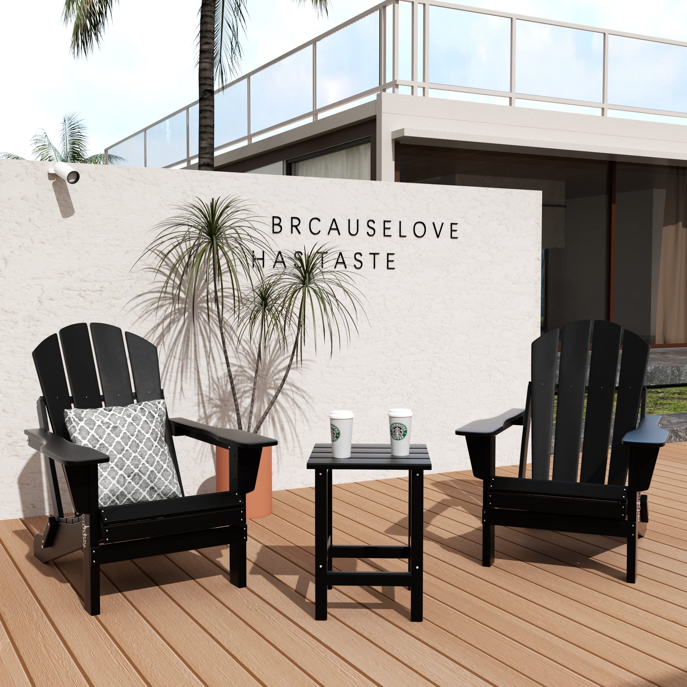 WO Home Furniture Adirondack Chairs & Table Set - 3-Piece Outdoor Patio Furniture with Folding Chairs & Side Table - Weatherproof & UV Resistant - Perfect for Backyard, Garden, Fire Pit, Deck & Balcony (Black)